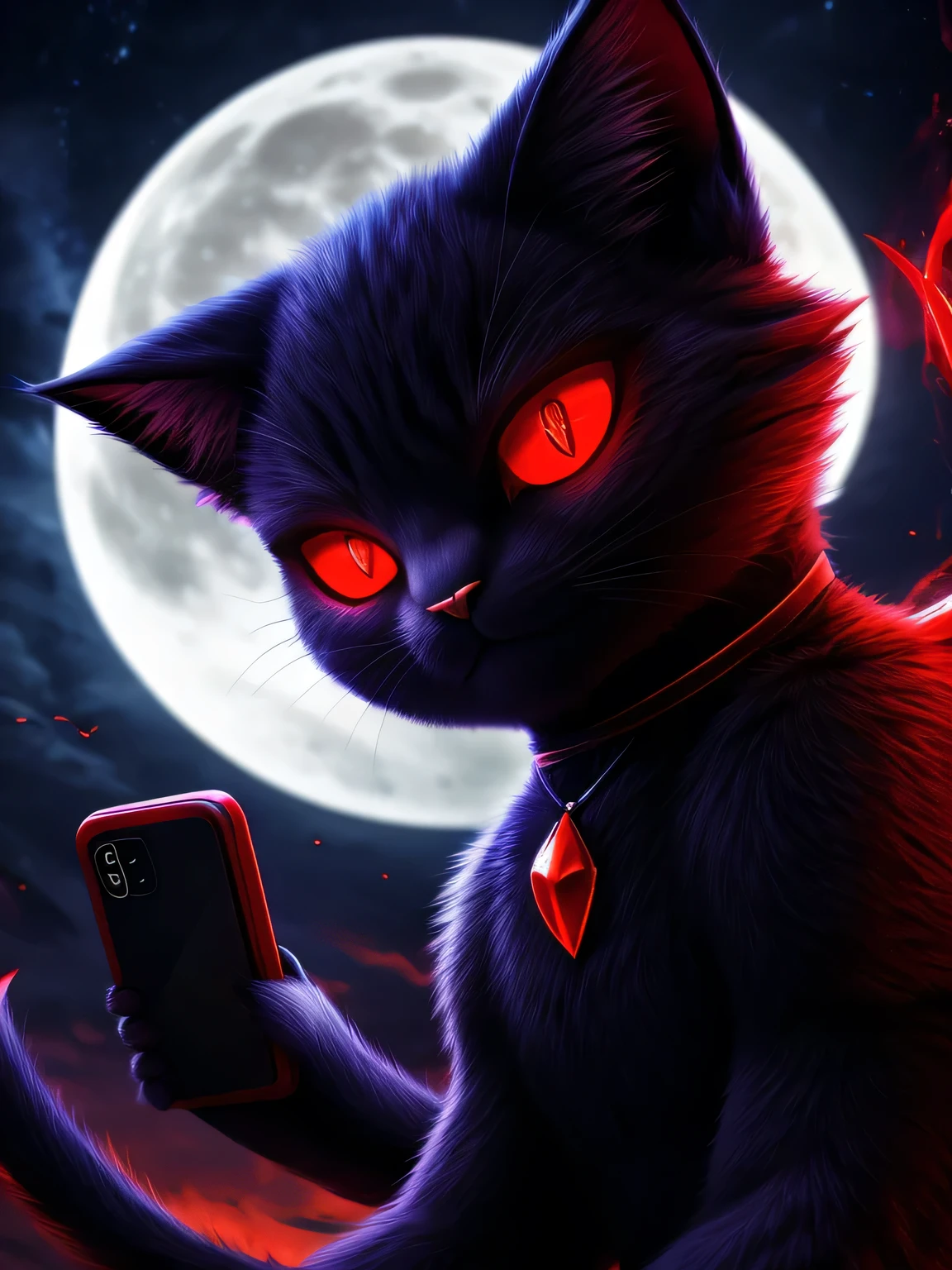 a close up of a cat sitting in the clouds with a full moon in the background, the dark god of cats, demon cat, purple cat, phone wallpaper hd, cat from the void, hd phone wallpaper, awesome cat, amazing wallpaper, with red glowing eyes, black cat, mobile wallpaper, hq 4k phone wallpaper, with glowing red eyes, vampire cat