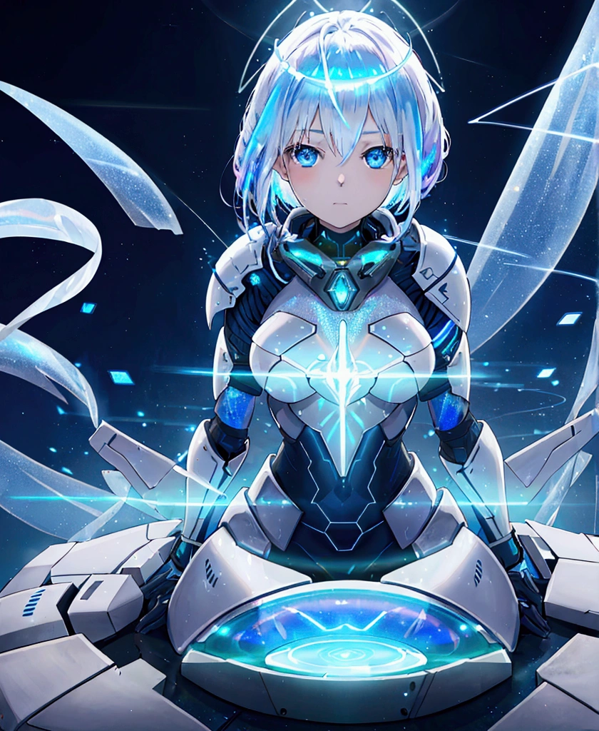 ((Holographic glow effect)),8k, Highest quality, (real:1.4), Original photo, 1 girl, Asari Hair, Biological Amplifier, refined armor, posture: Peace talks between warring factions, smart blue eyes,whole body