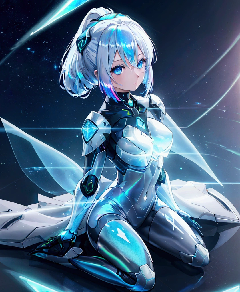 ((Holographic glow effect)),8k, Highest quality, (real:1.4), Original photo, 1 girl, Asari Hair, Biological Amplifier, refined armor, posture: Peace talks between warring factions, smart blue eyes,whole body,Vortex of Light,Band of Light,Wind of Light