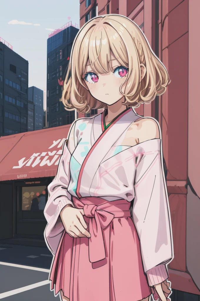 1girl,pink short hair,red eye off-shoulder sweater,hakama skirt,blonde hair,Curly Bob,Moscow city Morning,, (flat color, pastel style, black outlines:1.2), sketch