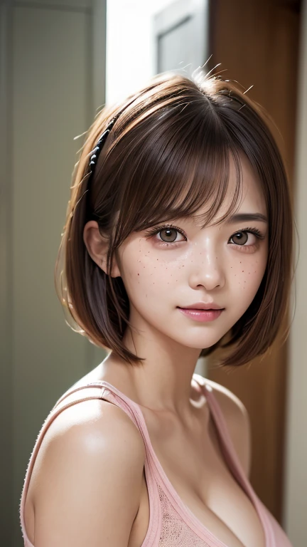 (One girl), Brown Hair, Great face and eyes, Pink Eyes, (Amazingly beautiful girl), Brown Hair, (Highest quality:1.4), (Very detailed), (Very detailed CG 統合 8k 壁紙), Very detailed, High resolution raw color photos, Professional photography, Depth of written boundary, 、smile:1.1、Tank top、hair band、Small breasts、cleavage 、freckles、bob cut、erect nipples、Sweat、流れるSweat、胸の谷間にSweat、顔Sweat