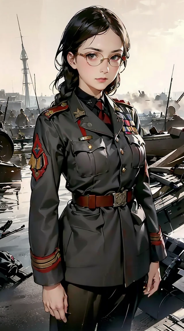 8k,Realistic Photo, Realistic Skin Texture, Superrealism, (WWⅡ-like mechanical suit:1.2), Beach of the Normandy Landing Operation、heavy weapons,vivid textures,animal legs,  japanese female soldier,(ultra beautiful face),((super realistic all textures)), ((super intricate all details)), full body shot, ultra sharp photo result, Olive Drab color, scratch, Rust, weathering, steampunk, taken with Fuji film X-T30+Nokton. HDR10,Minimum of 4 pieces created (((masterpiece))), (((best quality))), ((ultra-detailed)), (illustration), (detailed light), ((an extremely delicate and beautiful)), (beautiful detailed eyes), (sunlight), blush, shy, gigantic breasts, uzaki, outdoors, dynamic pose, naked overalls bare shoulders bigass bighip、FUCK　FUCKOFF　sexlyroupa modesta, remote shooting, detailed beautiful delicate face, Detailed beautiful delicate eyes, perfect facial proportions, High definition skin, thin skin, best four inch aspect ratio. With a thumb, a masterpiece, highy detailed, Realistic, (German World War II general uniform reference : 1.8), the highest facial resolution, , modestly dressed woman, fully dressed, ( mic, blackquality hair, black bangs straight, super thin braids, bangs straight, Red glasses, dark green eye, science fiction, Fighter aircraft, standing On the landing of a Fighter aircraft, the agency, a deeply intelligent personality, A calm expression, a respectful face, a war, a Fighter aircraft