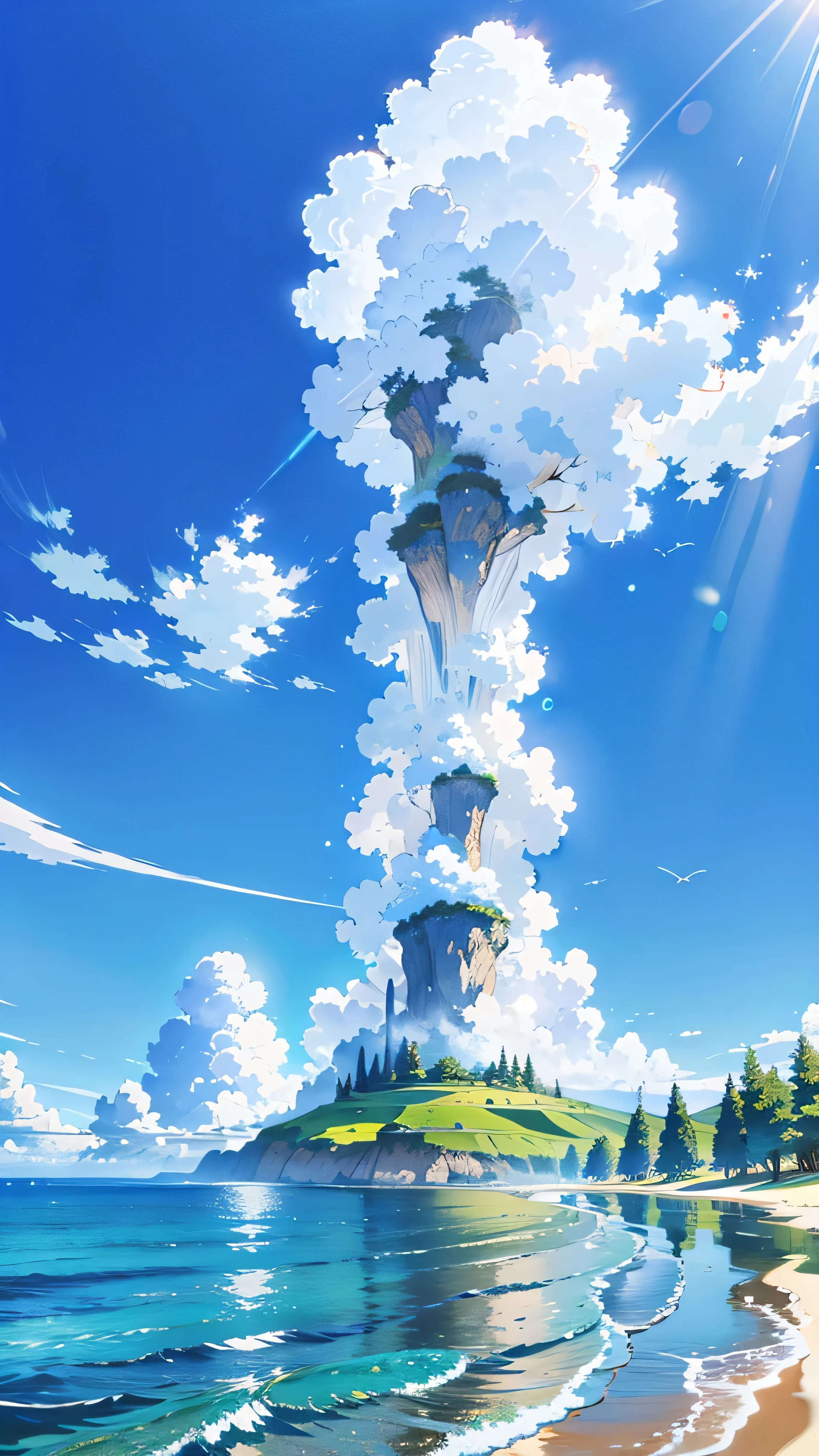 No humans, Scenery, vanishing point, From below, masutepiece, Best Quality, 8K, absurderes, waterface, Summer, at noon, Sunlight, Blue sky, Perspective, depth of fields, Higher resolution, finely detail, Ultra-detailed, Sharp Focus