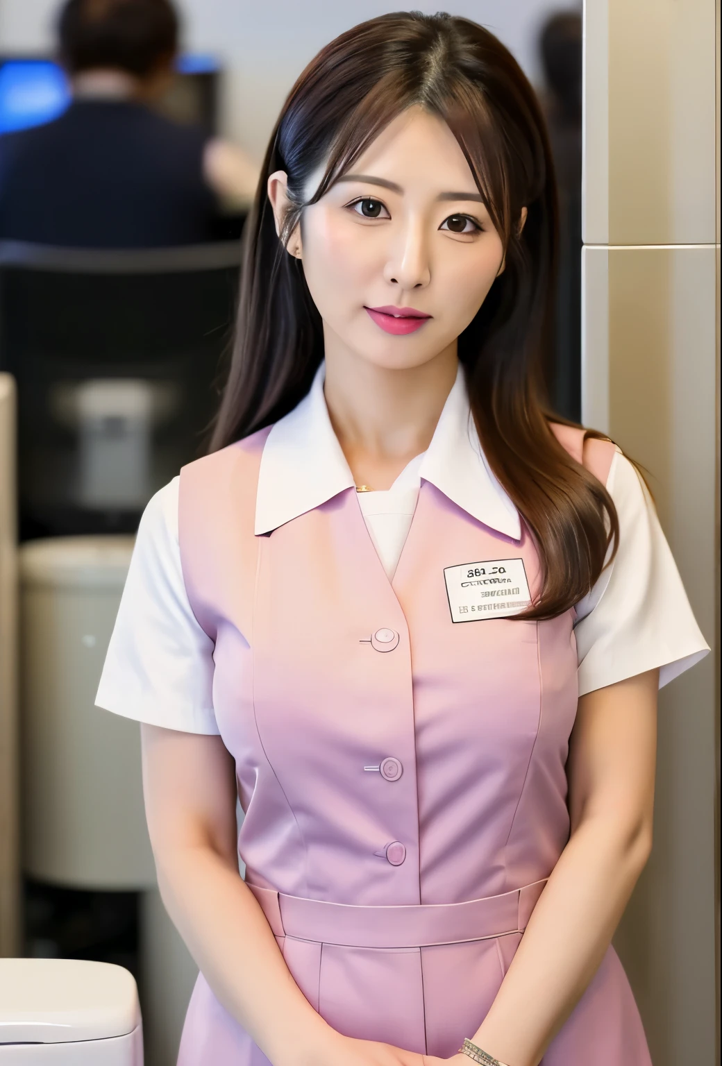 best quality, 8k, Japanese, 26 years old, Female office worker, (A beautiful woman), (A calm face), (Uniforms prescribed by the Japanese company:1.2), Pink buttoned vest, (E cup), big hip, (Private toilet in the company:1.2), full body, Standing, shoot from front, watching at Viewer,