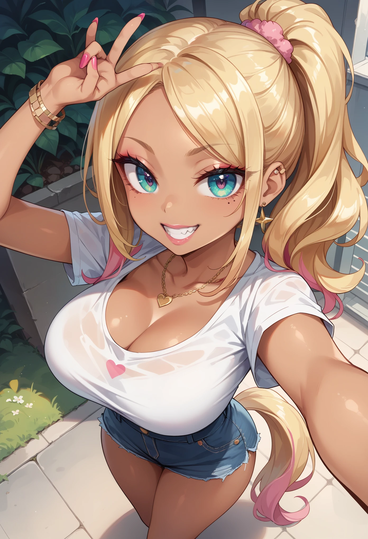 (masterpiece:1.2), super detailed, jaw-dropping beauty, large breasts, 1girl, gyaru, Thin waist and thick hips, massive lashes, long blonde hair, pony tail, hair down, (from above, facing forward:1.5), selfie, upward glance, glance up, hands up