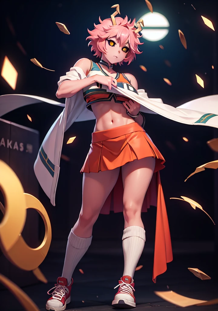 mina ashido, 1girl, solo, looking at viewer, short hair, simple background, yellow eyes, pink hair, horns, colored skin, colored sclera, black sclera, pink skin, U.A. CheerUniform, orange skirt, (bare belly), perfect shading, bare shoulders, big breasts