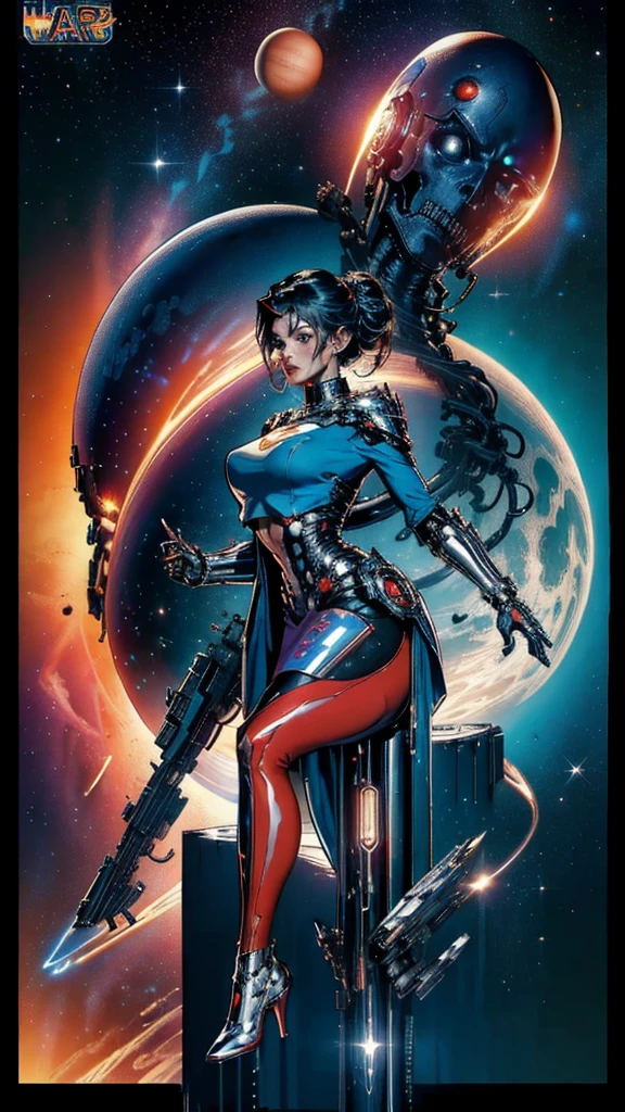 ((masterpiece, Highest quality)), 32K Wallpapers, Very detailed, Poster, Vintage science fiction, 1960s,(((space thriller cinematic movie Poster))), (Bauhaus), shape,Abstract, Midcentury Modern, movie Poster, Vintage, A woman fused with a robot,anime,1970s,Halftone,Speech bubble,Milky Way,(Superhero),((portfolio,close)),Cyborg of the Future,Combination of machine and woman,Space War,Star Wars,Evangelion,Gantz,Cyborg Lady