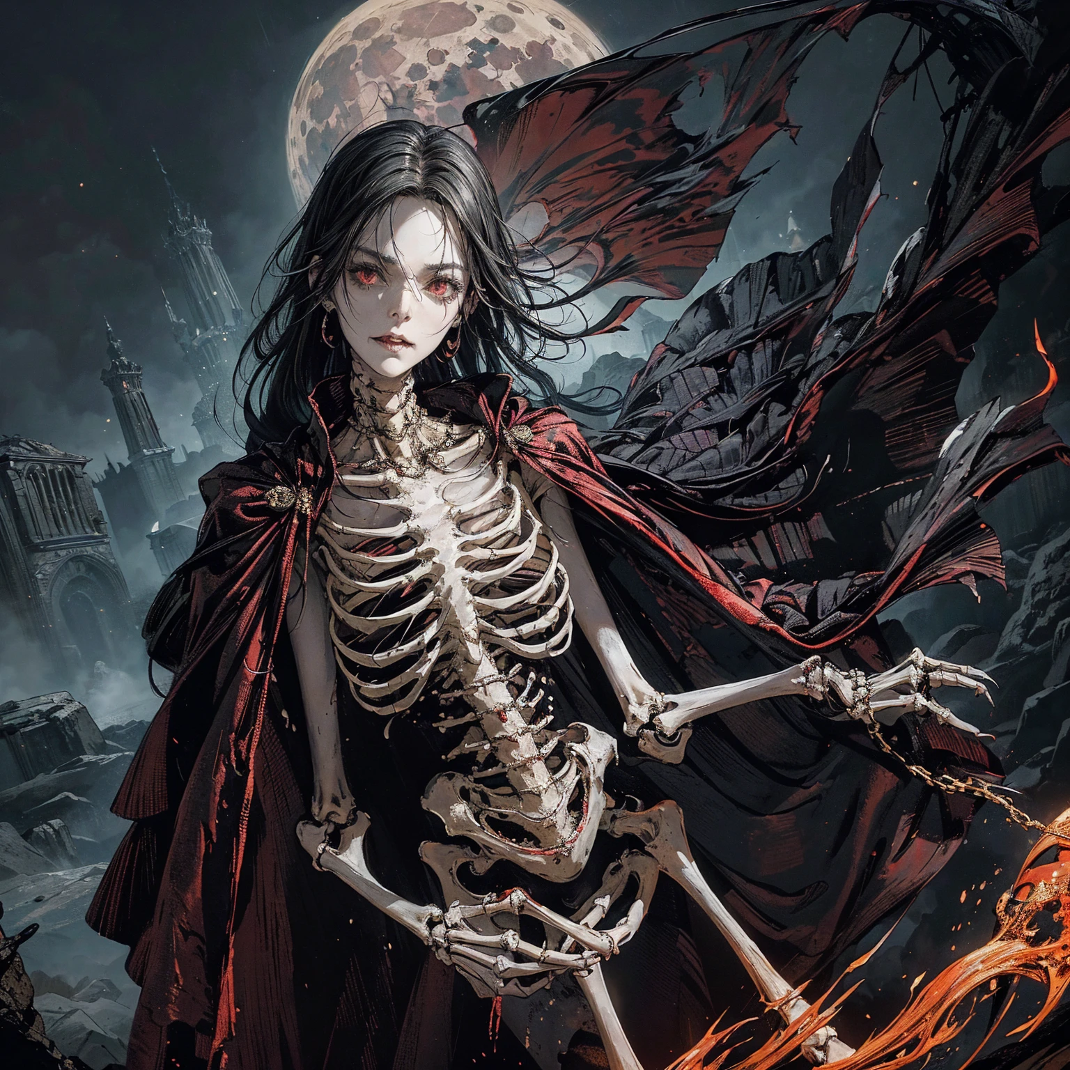 full-body shot, best quality, 4K, high resolution, masterpiece, Very detailed, Mood lighting, An undead girl in a long cape, Whole body including hands & arms & legs & feet are all skeleton bones but except the head is still beautiful human face, Wearing a ragged gothic skirt, Aloofness emotion, Dangerous sneer, Beautiful but cruel smile, Black Hair, Standing, Facing the camera, Crucified, Pitch black sky, Blood-red moon, strange atmosphere, Gothic style, Unforgettable beauty, Dramatic shadows, Ethereal Light, Mysterious atmosphere.