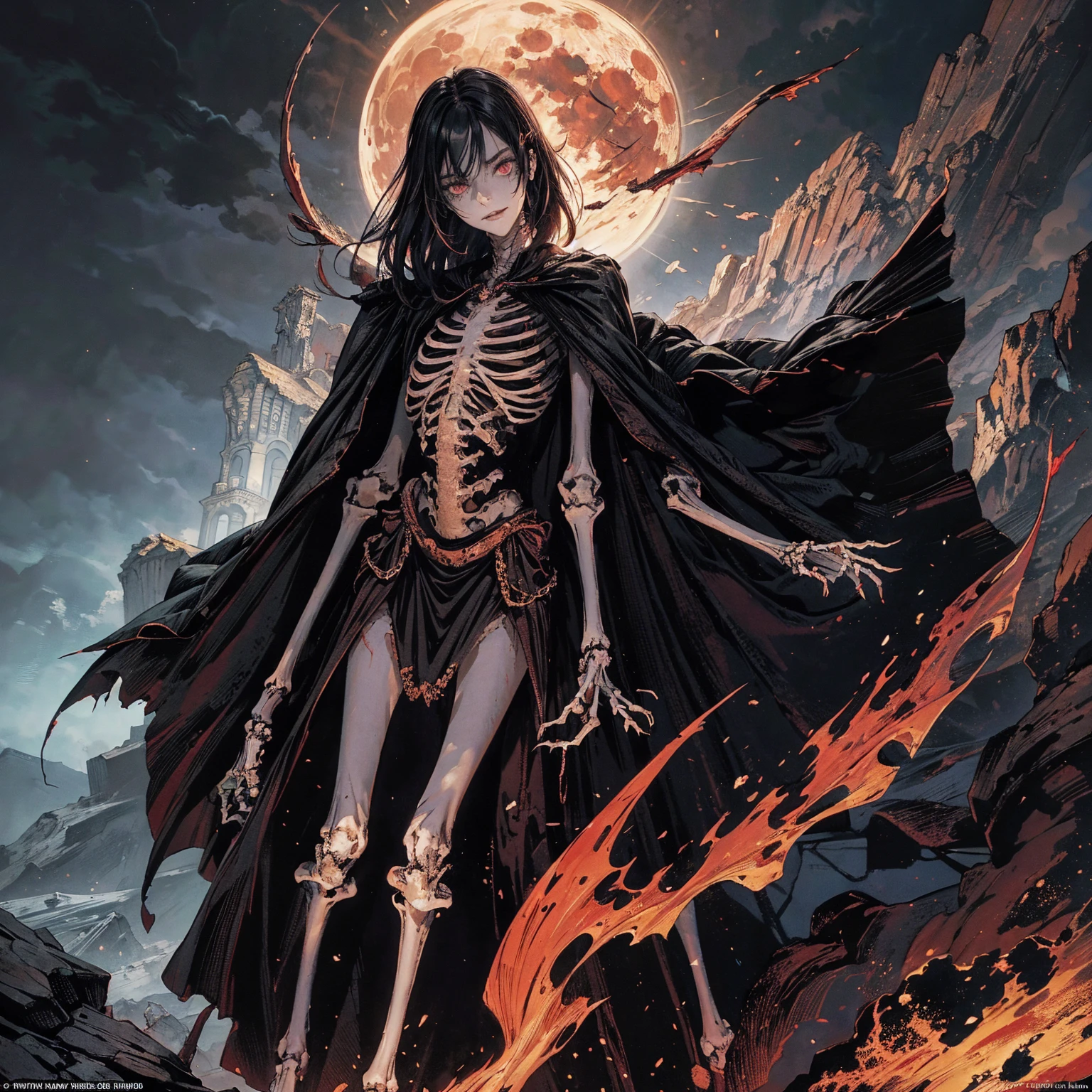 full-body shot, best quality, 4K, high resolution, masterpiece, Very detailed, Mood lighting, An undead girl in a long cape, Whole body including hands & arms & legs & feet are all skeleton bones but except the head is still beautiful human face, Wearing a ragged gothic skirt, Aloofness emotion, Dangerous sneer, Beautiful but cruel smile, Black Hair, Standing, Facing the camera, Crucified, Pitch black sky, Blood-red moon, strange atmosphere, Gothic style, Unforgettable beauty, Dramatic shadows, Ethereal Light, Mysterious atmosphere.