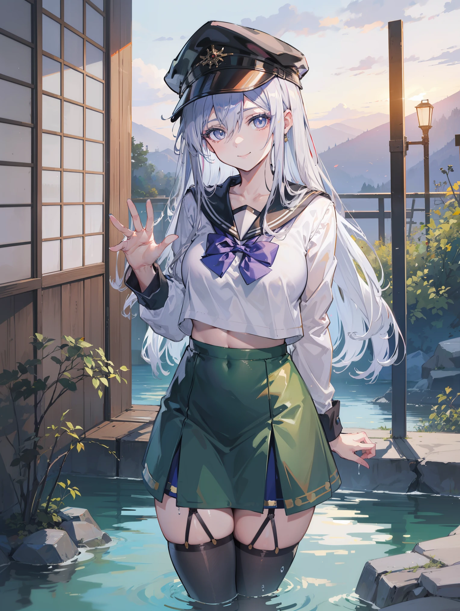 VL4D1L3N4,1girl, long hair, garter straps, purple eyes, white hair, hair between eyes, military hat, 
BREAK (skirt, thighhighs, , serafuku, zettai ryouiki, green skirt, bowtie, long sleeves, black thighhighs, black bowtie:1.2),
BREAK onsen, steam, (partially submerged:1.3), looking at viewer, smile,((hands behind back:1.5)),
BREAK (masterpiece:1.2), best quality, high resolution, unity 8k wallpaper, (illustration:0.8), (beautiful detailed eyes:1.6), extremely detailed face, perfect lighting, extremely detailed CG, (perfect hands, perfect anatomy),