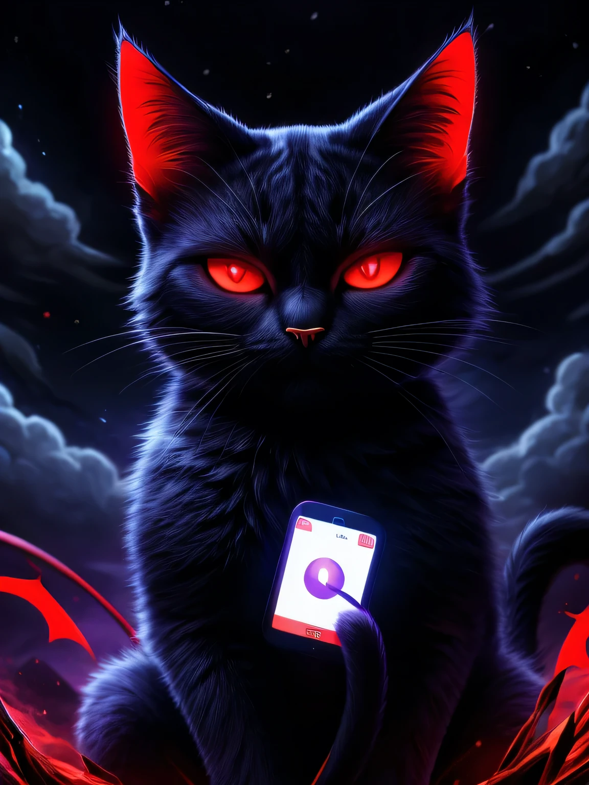 a close up of a cat sitting in the clouds with a full moon in the background, the dark god of cats, demon cat, purple cat, phone wallpaper hd, cat from the void, hd phone wallpaper, awesome cat, amazing wallpaper, with red glowing eyes, black cat, mobile wallpaper, hq 4k phone wallpaper, with glowing red eyes, vampire cat