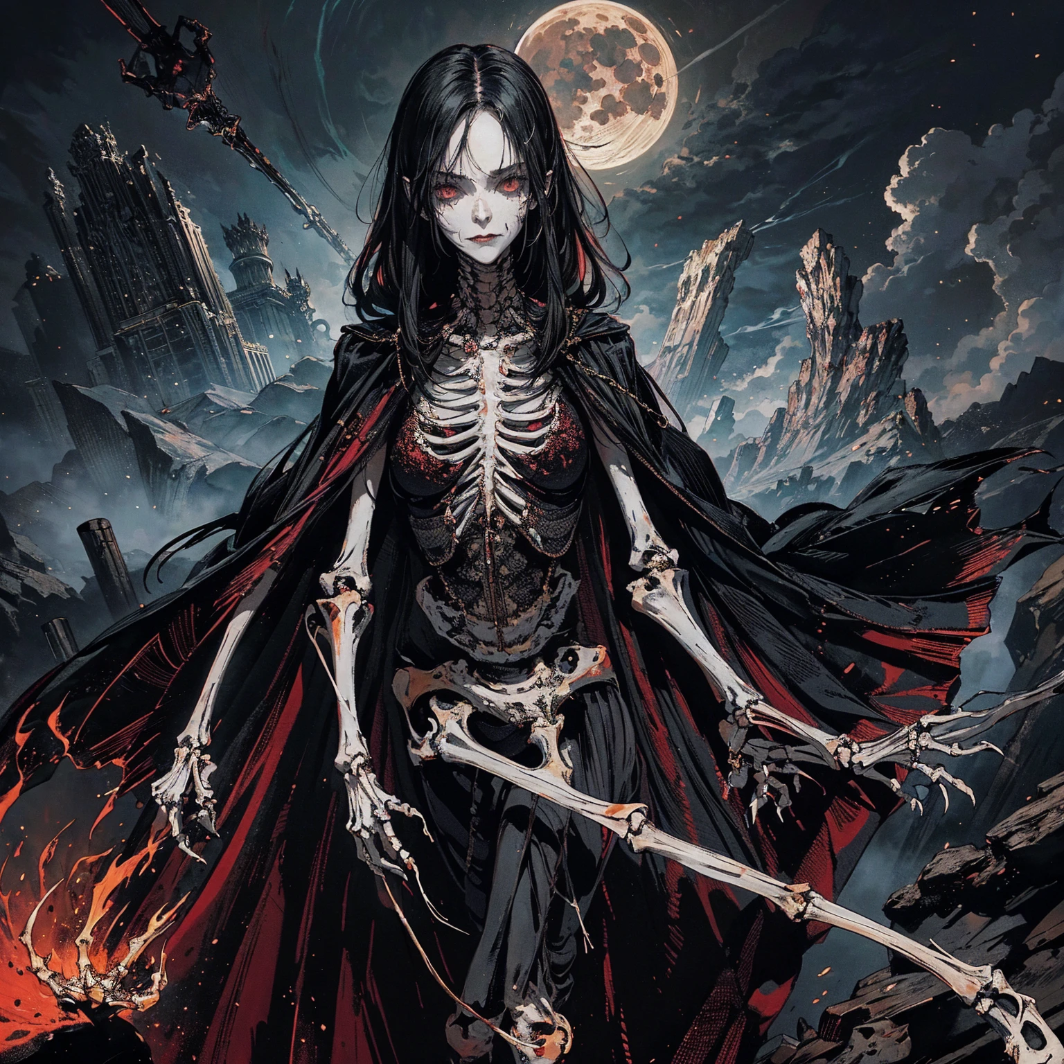 full-body shot, best quality, 4K, high resolution, masterpiece, Very detailed, Mood lighting, An undead girl in a long cape, Whole body including hands & arms & legs & feet are all skeleton bones but except the head is still beautiful human face, Wearing a ragged gothic skirt, Aloofness emotion, Dangerous sneer, Beautiful but cruel smile, Black Hair, Standing, Facing the camera, Crucified, Pitch black sky, Blood-red moon, strange atmosphere, Gothic style, Unforgettable beauty, Dramatic shadows, Ethereal Light, Mysterious atmosphere.