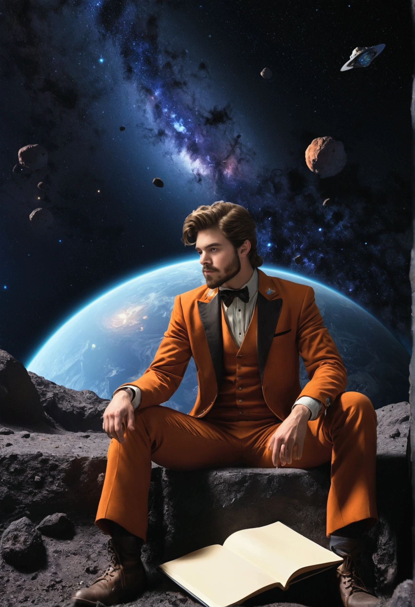 Draw a young programmer, sitting on a research platform floating in the middle of an asteroid belt. He is studying with a notebook, surrounded by several asteroids glowing with fiery auras. Dramatic lighting from distant stars and planets illuminates the scene, casting deep shadows on the suit. The young man looks confident and determined, looking at the vast and mysterious universe with wonder and respect,facial hair, cowboy shot,