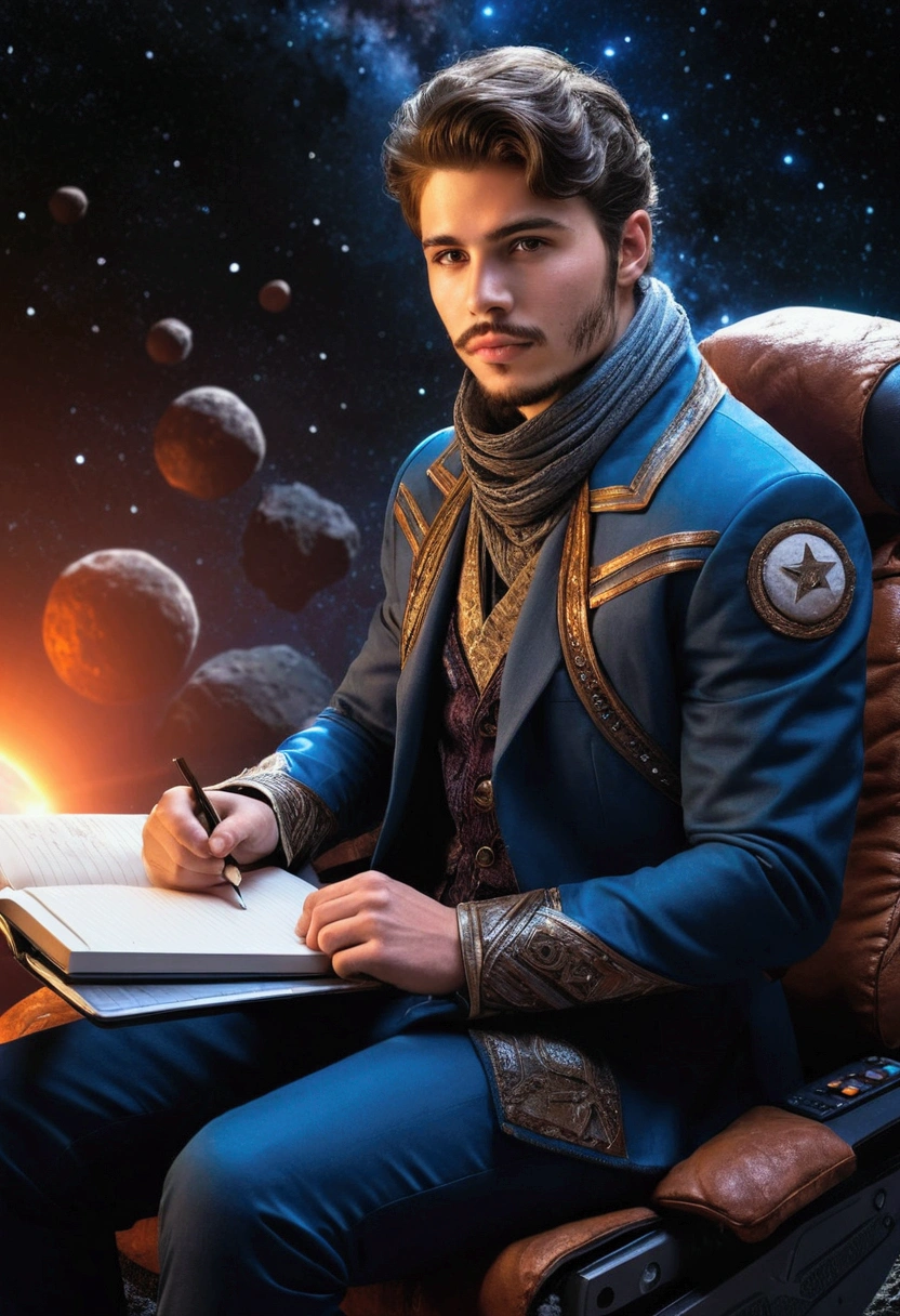 Draw a young programmer, sitting on a research platform floating in the middle of an asteroid belt. He is studying with a notebook, surrounded by several asteroids glowing with fiery auras. Dramatic lighting from distant stars and planets illuminates the scene, casting deep shadows on the suit. The young man looks confident and determined, looking at the vast and mysterious universe with wonder and respect,facial hair, cowboy shot,