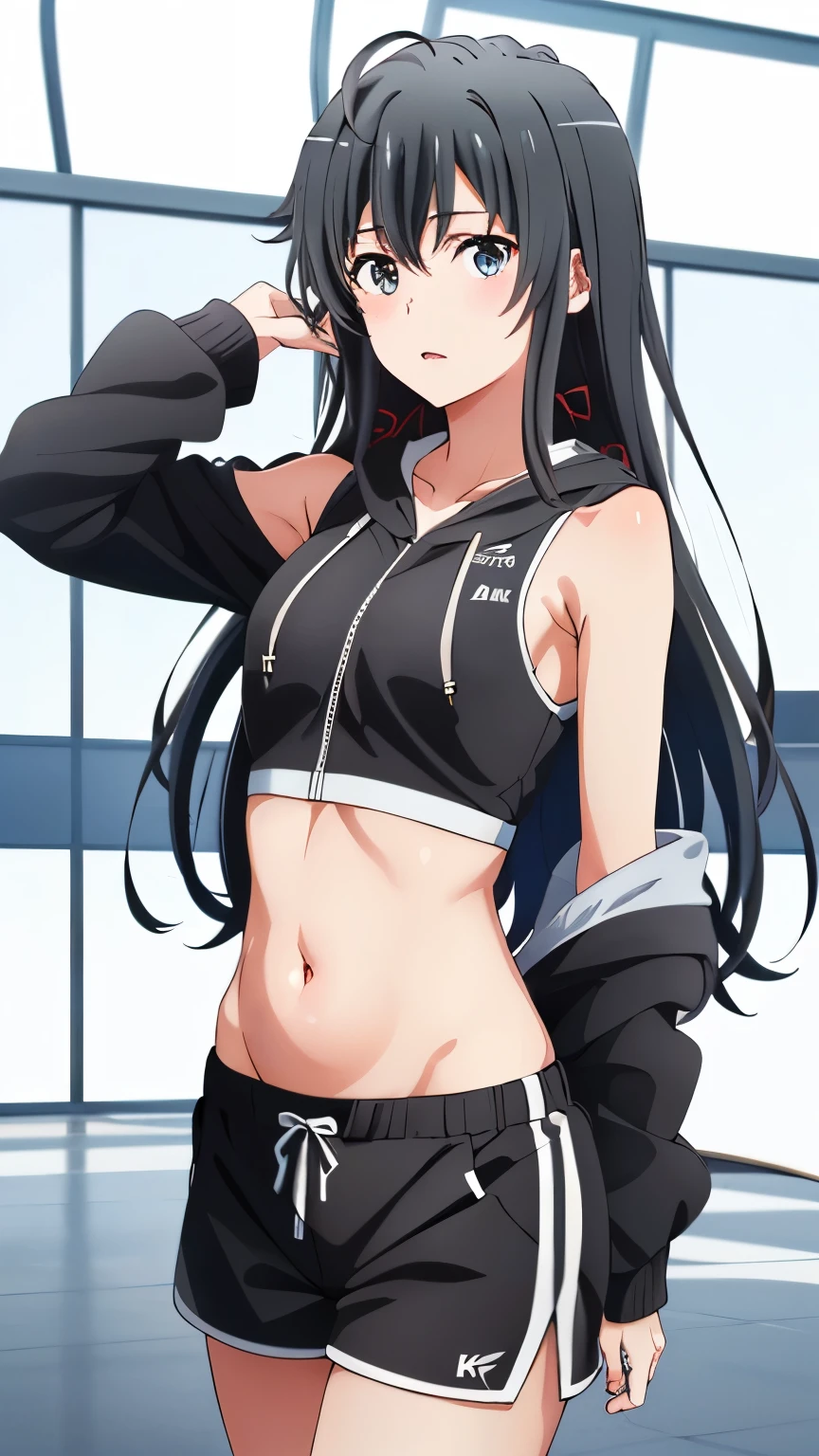 (masterpiece, best quality, highres, 8k:1.2), (anime), yukino, long hair, ahoge, Small medium breast, hair ribbon, (Open the hoodie, hoodie, Sleeveless, Sports Bra,belly button, Shorts), Cowboy shot, looking at viewer,