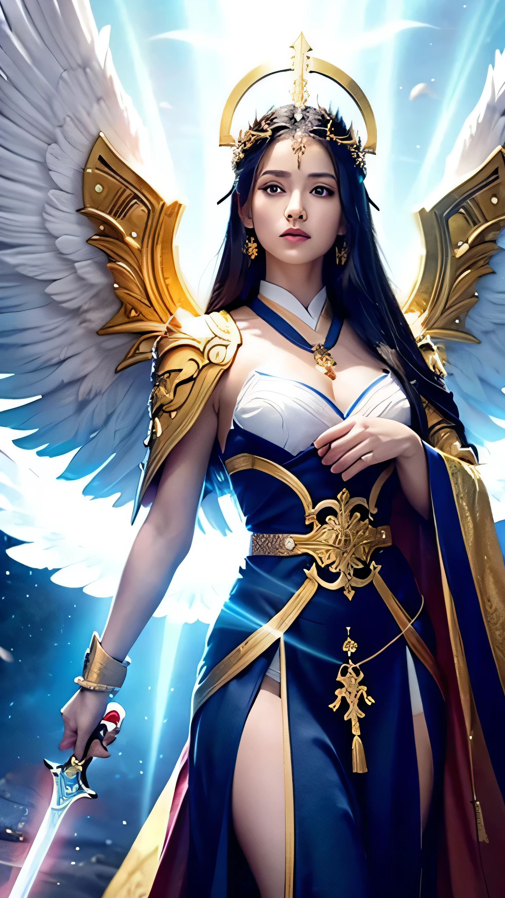 Create an ultra-realistic and imposing depiction of a female Japanese Archangel Michael, a powerful and revered figure in various religious traditions.

**Overall Appearance**:
- **Height**: Tall and commanding, far taller than an average human.
- **Body Type**: Muscular yet graceful, exuding strength and elegance.
- **Aura**: Surrounded by a glowing, divine aura, symbolizing her holy nature.

**Facial Features**:
- **Face**: Beautiful and noble, with a strong jawline and high cheekbones. Her expression is calm and resolute, radiating a sense of justice and protection.
- **Eyes**: Bright, piercing blue eyes that convey wisdom and unwavering determination.
- **Hair**: Long, flowing black hair that shines with a divine light, cascading down her back and shoulders.

**Attire**:
- **Armor**: Wearing ornate, golden armor that is both protective and majestic. The armor is intricately designed with angelic symbols and motifs, reflecting her heavenly origin.
- **Kimono Elements**: Incorporate traditional Japanese elements such as a kimono-style underlayer with intricate patterns, adding a cultural touch to her divine appearance.
- **Cape**: A long, flowing red cape that billows behind her, adding to her regal and heroic appearance.
- **Accessories**: Adorned with a golden halo above her head and a jeweled cross necklace around her neck.

**Wings**:
- **Angel Wings**: Large, magnificent white wings that extend from her back, covered in soft, glowing feathers. The wings are powerful and majestic, symbolizing her angelic nature and ability to soar through the heavens.

**Weapons**:
- **Sword**: Holding a large, radiant sword that glows with divine light. The sword is intricately designed, with angelic runes and a sharp, gleaming blade, symbolizing her role as a warrior of God.

**Illustration Image**:
- **Background**: A celestial and heavenly setting, possibly with clouds, light rays, and a radiant sky. The background should convey a sense of divine presence and ethereal beau