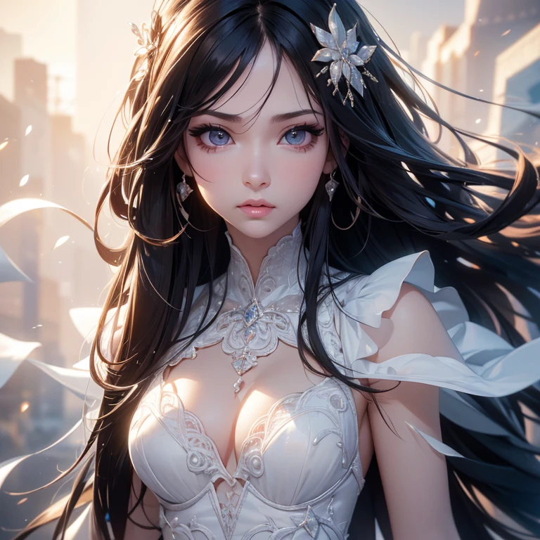 (8K, 4K, best quality, High resolution: 1.2), artwork, Ultra-detailed, hyper details, cinematic Light, Light frown, 1 woman, Alone, pretty face, eyelashes, nose, Glossy lips, (Thin eyes, viewer, Light skin, White skin: 1.5), (perfect_Face), thin waist, ridiculously long hair, black hair, looking at viewer, detailed_background, full_body, dynamic_angle