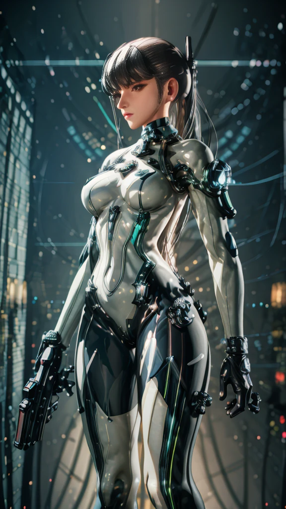 there is a woman in a latex outfit holding a gun, eve, stellar blade, mechanized soldier girl, perfect android girl, m4 sopmod ii girls frontline, girl in mecha cyber armor, 3 d render character art 8 k, gynoid cyborg body, armor girl, cyberpunk 2 0 y. o model girl, android heroine, close up character