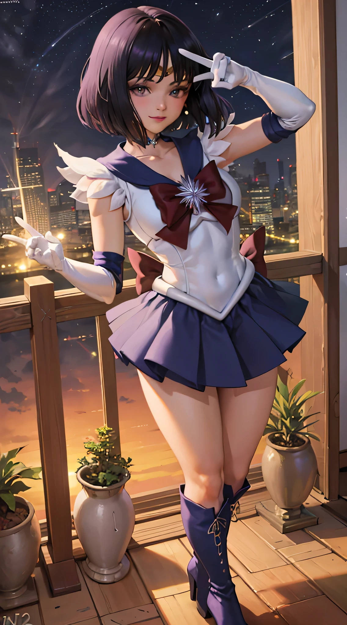 (absurd, high resolution, Extremely detailed, HDR), masterpiece, best quality, Solitary, 1 Girl, Sailor Saturn, Magical girl, Smile, Shut up, Looking at the audience,, Headdress, Sailor warrior, Pleated Skirt, Elbow gloves, Jewelry, brooch, Necklace,Full body image,Stand in front of you,Purple high boots,Victory gesture