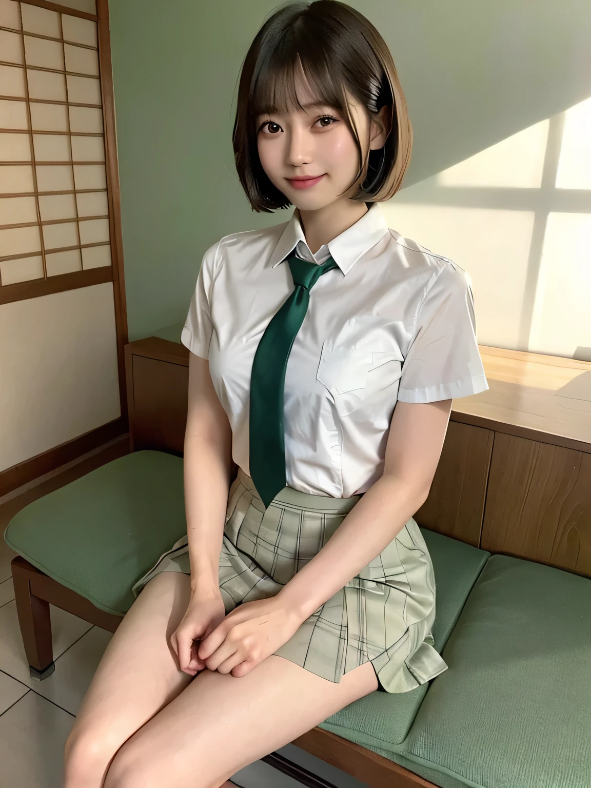 Japanese Girls、、Blonde、Short Bob Cut、bangs、Brown eyes、Perfect figure、Transparency、Gloss、Glamorous breasts、、Green and red checked tie、White shirt、Green Skirt、Hirotake、Burning body、Gravure idol pose、Light blue wall、Beautiful feet、Strong sunlight、dirty、雨にWet体、Wet,Sitting in a chair、I can see your thighs、smile