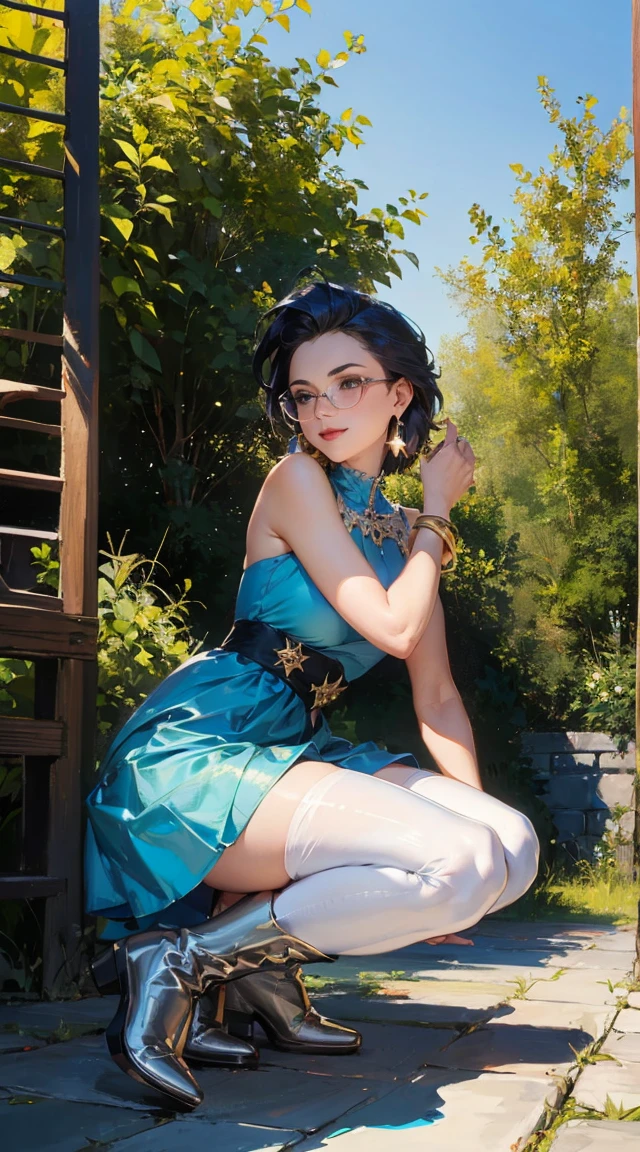 (The highest image quality, master piece:1.2), (Ultra Definition Illustration), (very cute little princess:1.3　15yo), (1 girl:1.2), Solo, (shoot from below:1.3) ,(condescending look:1.3) NSFw, sleeveless,  (gorgeous queen dress:1.3), Full body, Round baby face, (wearing Glasses, Blonde Short-Cut Hair), (white thigh high pantyhose:1.2), (Evil smile, mean face, Mesgaki smile),  Luxurious palace rooms, Fancy Room, RPG Royale, Beautiful legs, Goddess ((goddess-like woman)), slim elegant silhouette, masterpiece, (close angle), best quality, pale skin, fair skin, sweet face, (masterpiece:1,2, best quality), (real picture, intricate details), (1 lady , solo, medium , slim waistline, ), ((Jinx/LOL)), a woman short hair, darkblue hair, brown eyes, (darkblue hair), big brown doe eyes, she has an impressive presence., short hair, bracelet, hoop earrings, jewelry, beautiful face, beautiful eyes, Side Pose, Side View, She is wearing a sweater dress and over-the-knee boots, the jewelry gives her overall appearance a touch of glamor. sweet smile, thigh gap, sweet irresistible smile, elegant pose, elegant hands, beautiful hands, perfect fingers, background: Park, a beautiful park, trees, walkway, flowers, bushes,