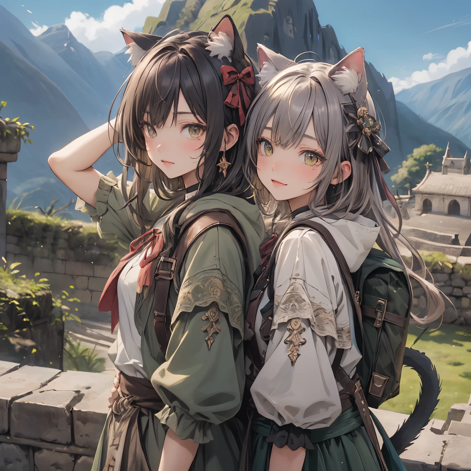 (masterpiece), Highest quality, Ultra-high resolution,Cat ears with olive ribbon、Olive Hair、Olive eyes、Olive-colored clothes、(Adventurer:1.3)、Machu Picchu Ruins、fun