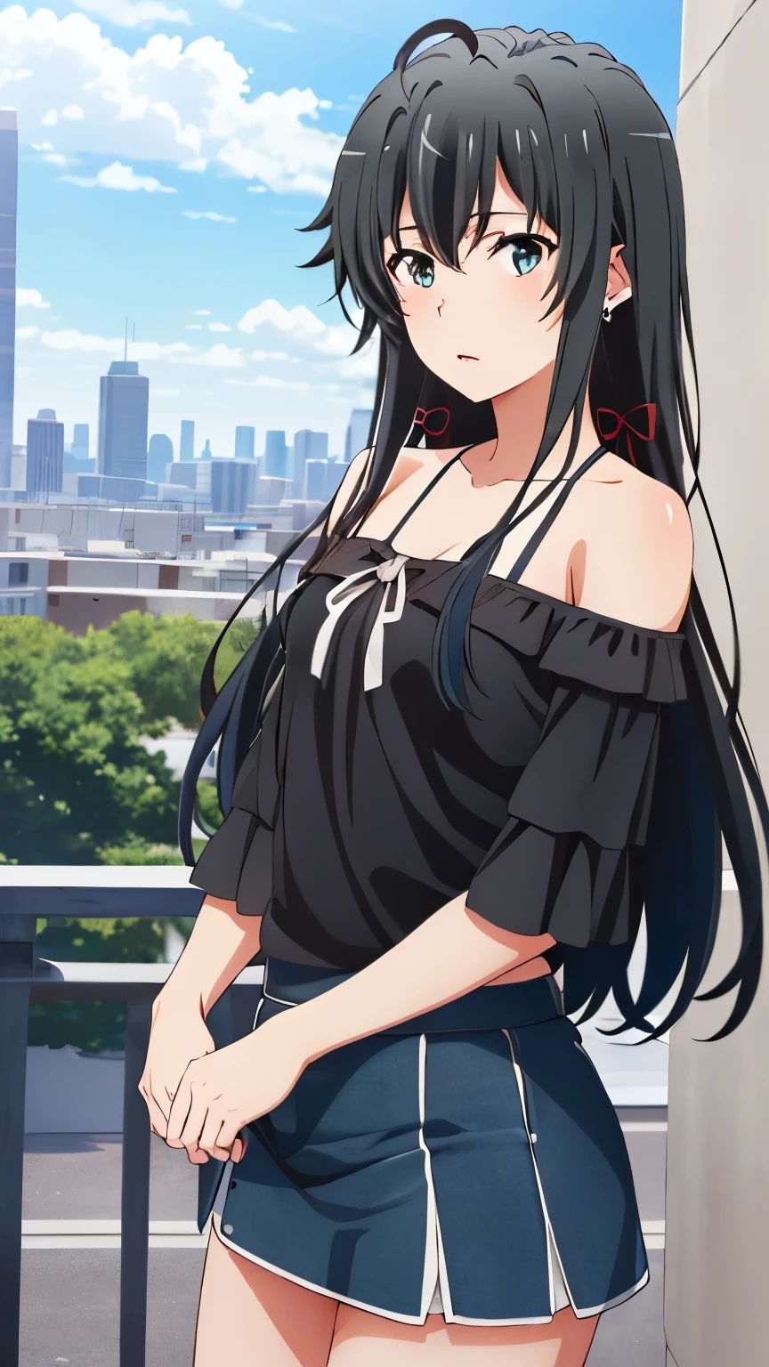 (masterpiece, best quality, highres, 8k:1.2), (anime), yukino, long hair, ahoge, Small medium breast, hair ribbon, (lime green off-the-shoulder, miniskirt, earrings, city), Cowboy shot, looking at viewer,