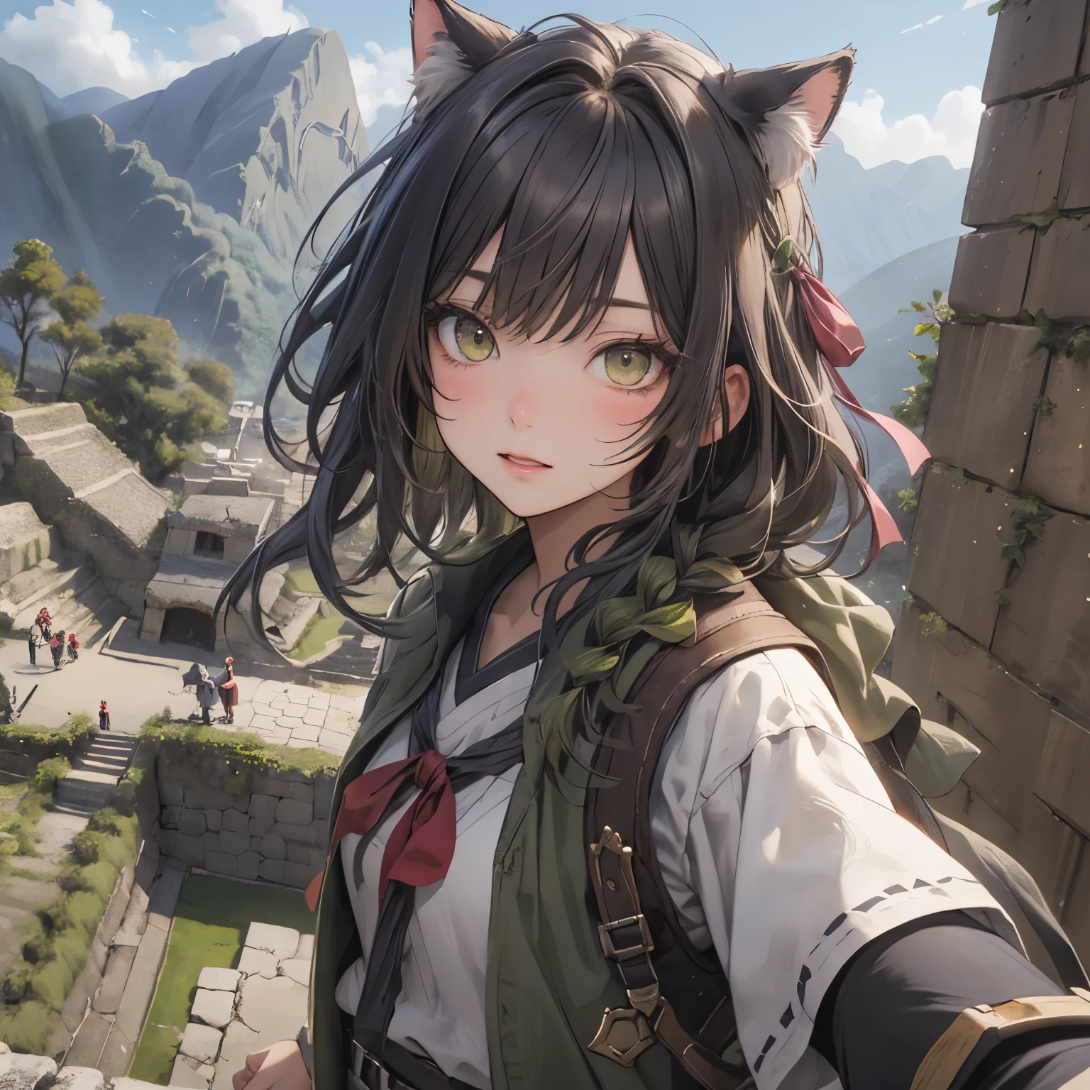 (masterpiece), Highest quality, Ultra-high resolution,Cat ears with olive ribbon、Olive Hair、Olive eyes、Olive-colored clothes、(Adventurer:1.3)、Machu Picchu Ruins、fun