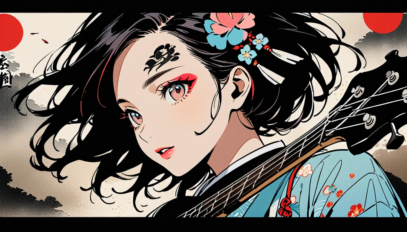 (((Ink Painting))), Fashion portrait color photos, (((1 girl))), (((Tattoo in the center of the forehead))), (((Japanese-style bass guitar))), (((Very flashy hair accessories))), (((Very flashy makeup))), Japanese style headphones, Japanese beautiful girl, Black Hair, Delicate and precise, Modern ukiyo-e style, Japanese flag