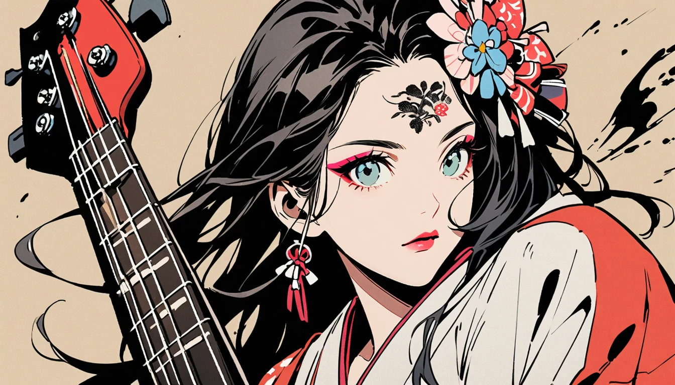 (((Ink Painting))), Fashion portrait color photos, (((1 girl))), (((Tattoo in the center of the forehead))), (((Japanese-style bass guitar))), (((Very flashy hair accessories))), (((Very flashy makeup))), Japanese style headphones, Japanese beautiful girl, Black Hair, Delicate and precise, Modern ukiyo-e style, Japanese flag