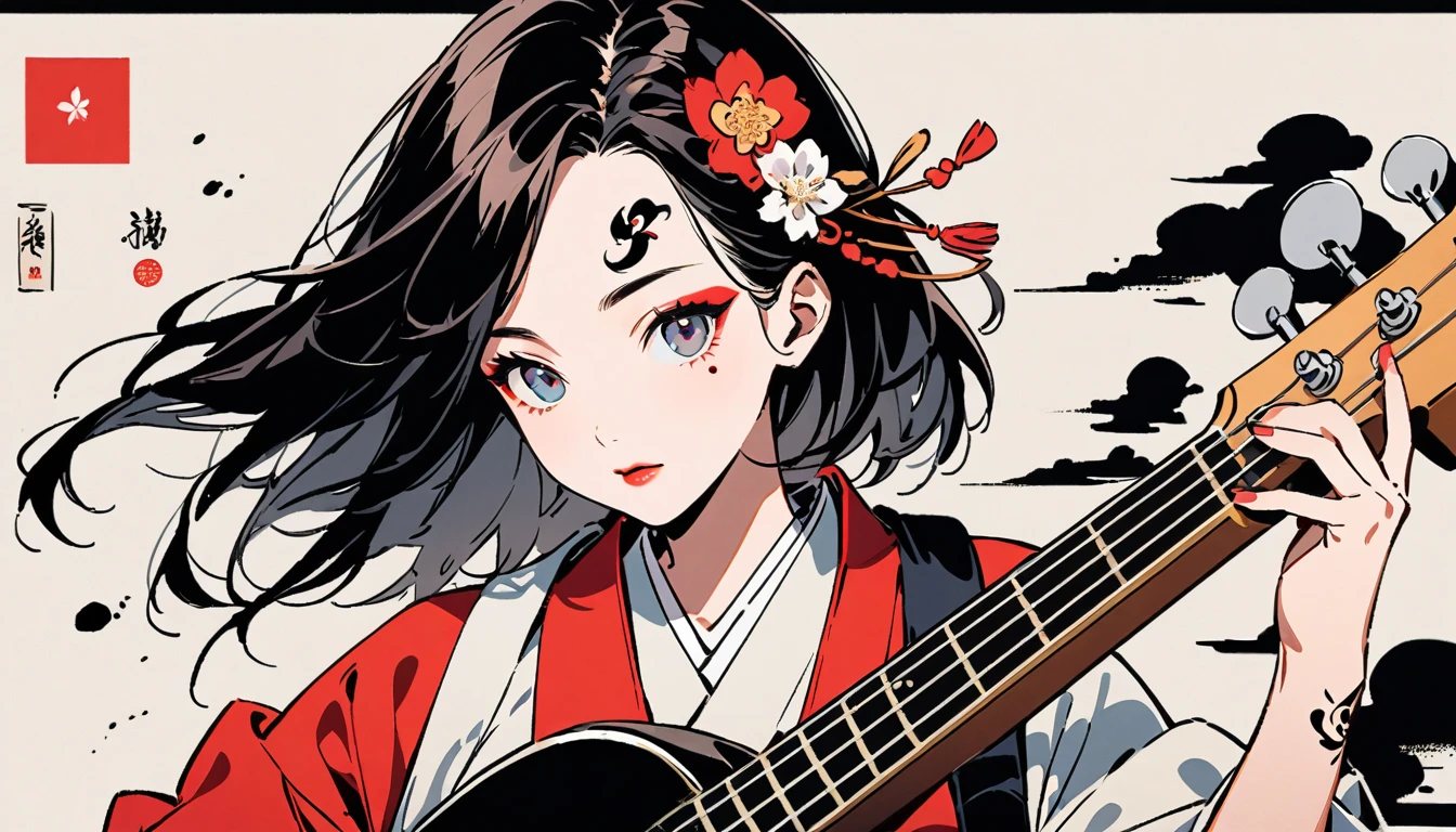 (((Ink Painting))), Fashion portrait color photos, (((1 girl))), (((Tattoo in the center of the forehead))), (((Japanese-style bass guitar))), (((Very flashy hair accessories))), (((Very flashy makeup))), Japanese style headphones, Japanese beautiful girl, Black Hair, Delicate and precise, Modern ukiyo-e style, Japanese flag