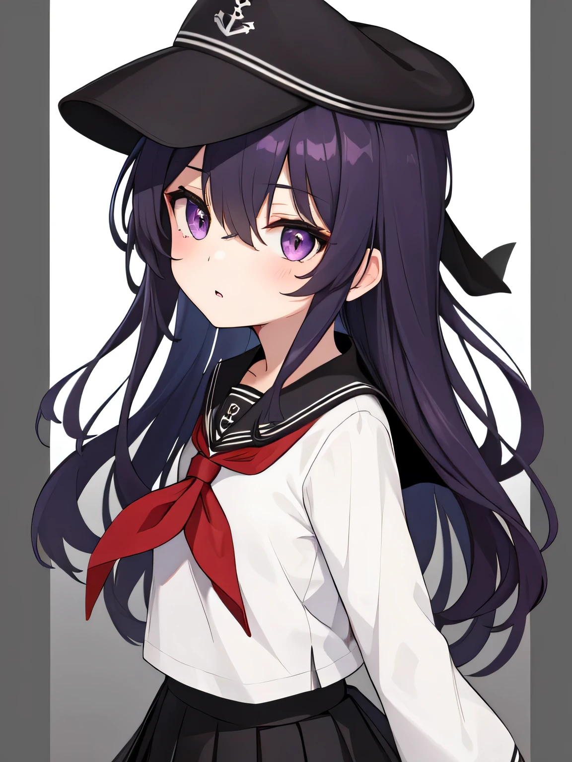 (masterpiece, Highest quality:1.2),figure,8k,High resolution,One girl,alone,Upper Body,(Portraiture:1.2),length_hair,White Seraphim,purple_eye,anchor_symbol,flat_cap,purple_hair,black_hair,hair_between_eye,black_hat,black_skirt,length_sleeve,Pleats_skirt,red_neckerchief,School_uniform,skirt,black_pantyhose,black_Sailor_collar,