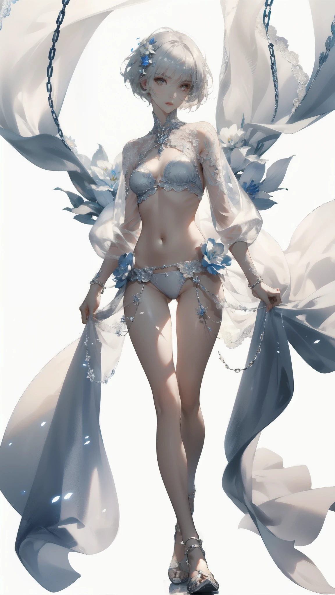 ((masterpiece, best quality)), Delicate face,knight,Standing picture,whole body,Perfect body proportions,Long legs,Handsome short hair,Beautiful silver eyes,Fantasy style,White background,Extremely beautiful,transparent,Pure white flower marriage,Sexy bikini,chain,Tattoo,Lace,exposed