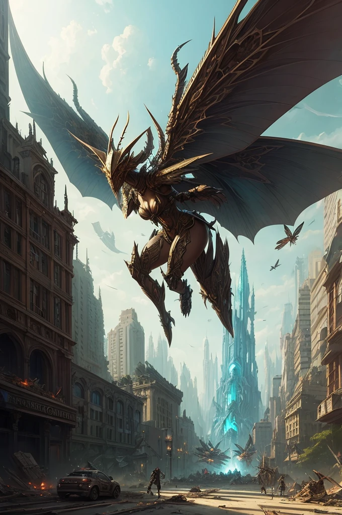 destroyed city，Anthropomorphism of giant insects，Insect animal humanoid woman，Attack status，With wings, hyper-detailed fantasy character, beautiful full-body concept art, Amazing 8K character concept art, detailed full-body concept, Peter Mohrbacher. illusory engine、