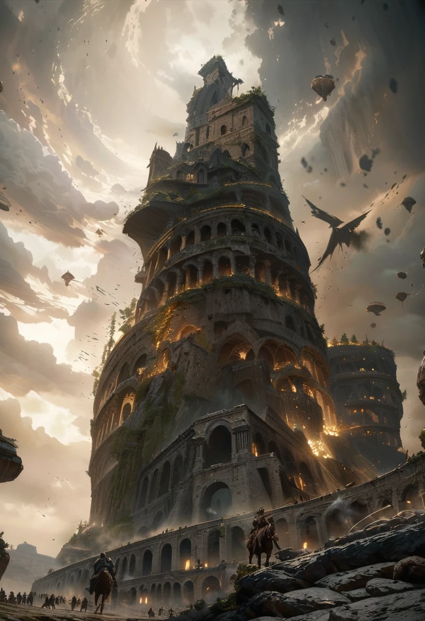 anime aestetics, anime landscape, landscape scenery, elden ring cinematic lighting, elden ring inspired, farum azula, floating colosseum, ancient structure, beautiful arcs, rome inspired, floating islands, rocks floating in the air, crambling city, gigantic structure, moment before a fight, grey and yellow colours, dust in the air, epic scene, atmospheric perspective, perspective, wide shot, from below, from outside, highres, 8k, best quality, super detail, award winning, masterpiece