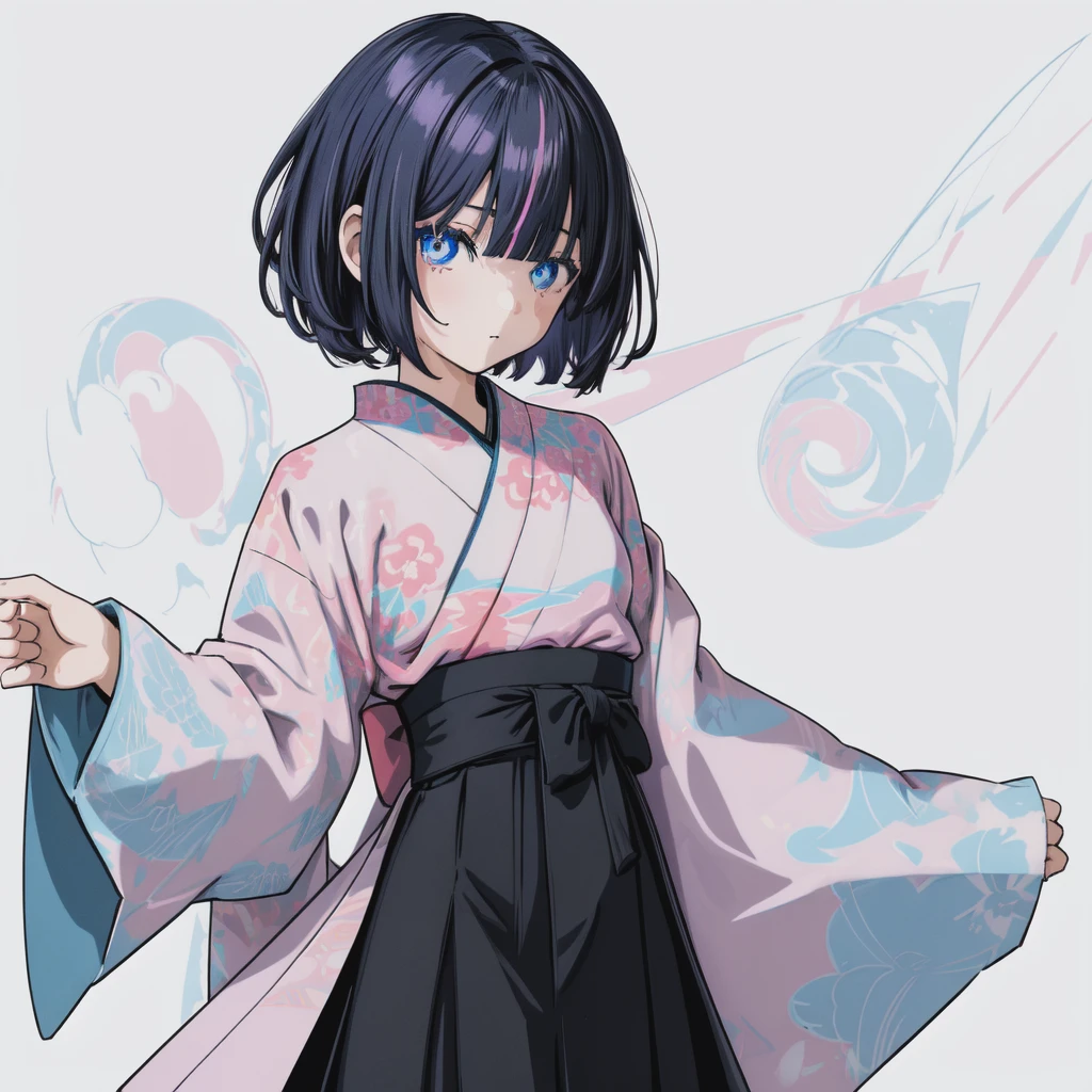 1 girl、Holographic short hair、Blue Eyed Goth Kimono、Hakama skirt、Curly Bob、White background、(flat color、Pastel Style、Black outline:1.2)、sketch