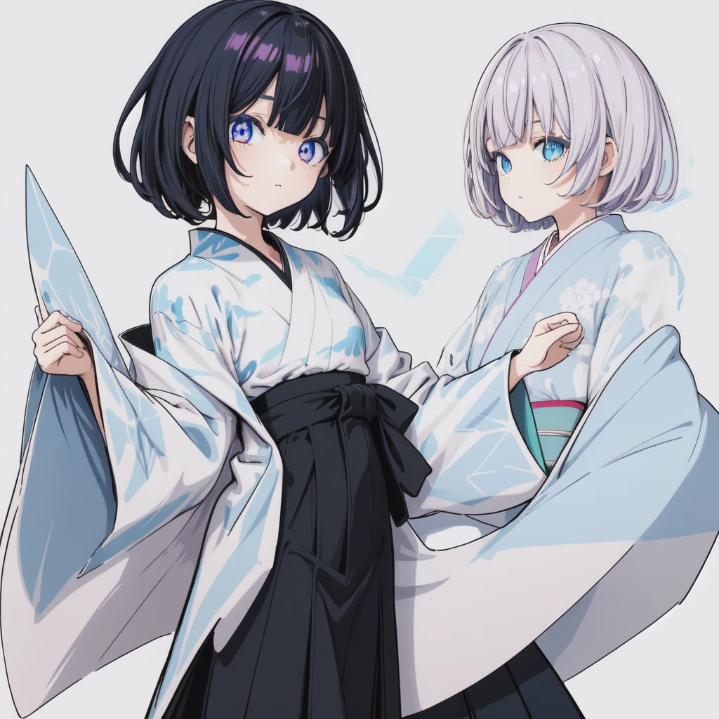 1 girl、Holographic short hair、Blue Eyed Goth Kimono、Hakama skirt、Curly Bob、White background、(flat color、Pastel Style、Black outline:1.2)、sketch