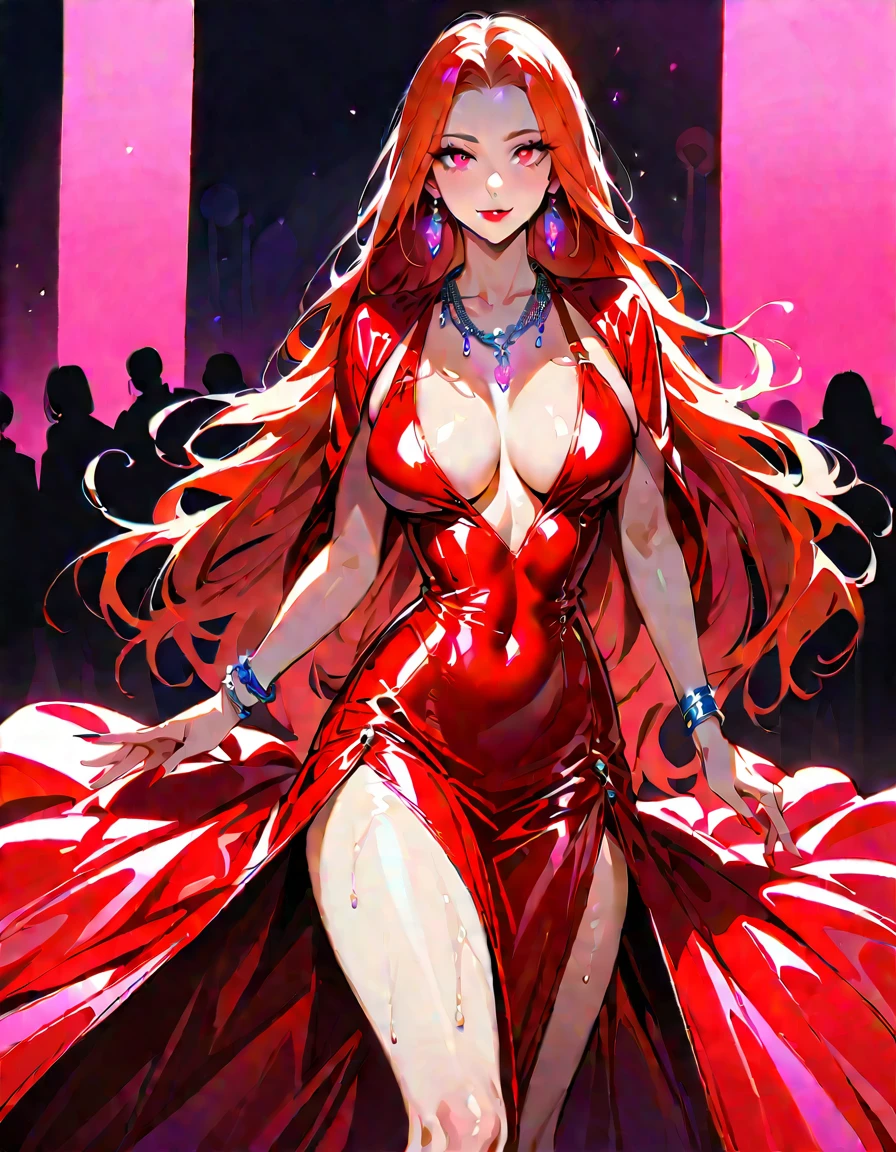Young beautiful woman,(Highest quality,Extremely detailed depiction,Incredibly absurd high resolution,Anatomically accurate depiction,Curvy Legs),(Glowing Skin,Shiny skin,Sweat),(Fashion Model:1.3,High gloss latex dress,Luxury accessories,Earrings,necklace,Bracelet),eyelash,Flashy makeup,Pink Eyes,There is cleavage in the chest,Glossy Red Lips,Shadowed face,A seductive smile,whole body,(Walking pose:1.5,)background:Fashion show runway:1.5