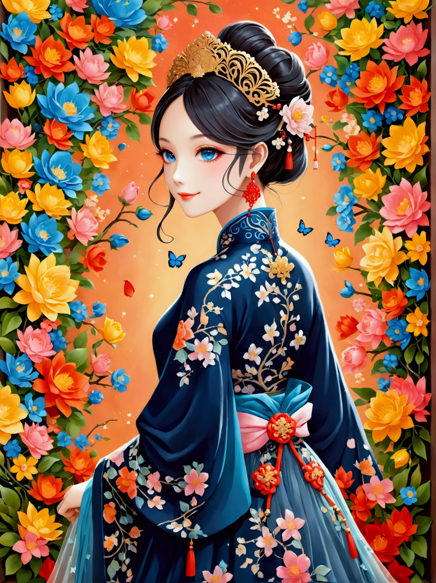 by Julien Arnal，Abstract Pictorial，Cartoon illustration，Sequins，Ambilight，Healing gouache，Starry Sky，Dark night shimmer，Youth Manga,Bright tones,gorgeous,Beautiful illustrations，Morandi color tone，Beautiful model catwalk，Performing dance steps。Wearing Ming Dynasty Hanfu，玫瑰Long skirt，Princess dress，gorgeous复古宫廷风格连衣裙，Long skirt，超Long skirt，- Wide hem，Long skirt下摆接近地面，The style is a high-end dress from the Hanfu Fashion Week，Haute couture，Private custom，Fashion show model，Big show，Tulle accessories on skirt。Necklace on the neck，short hair，Hair up，Headdress，big eyes，It's beautiful，((There was only one female model on the catwalk))，Men and women make up a large part of，The runway is covered with flowers，Background covered with flowers，Female model with a smile on her face，Standing，Elegant and dignified posture，8k，Ultra HD，masterpiece，precise，Textured Skin，High Detail，Best quality，Awards，Long Shot，Sense of distance，(Vector illustration:1.5)