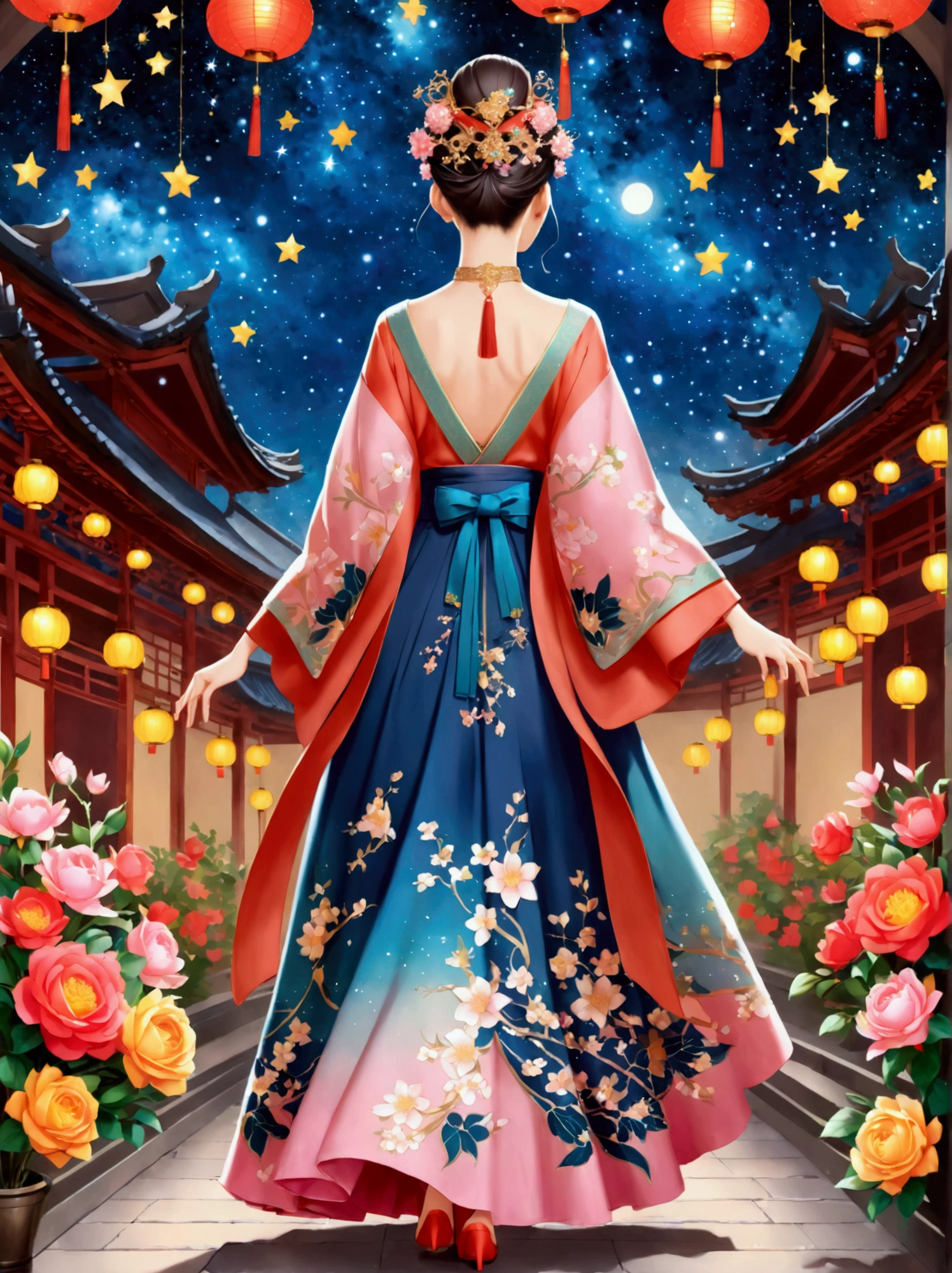 by Julien Arnal，Abstract Pictorial，Cartoon illustration，Sequins，Ambilight，Healing gouache，Starry Sky，Dark night shimmer，Youth Manga,Bright tones,gorgeous,Beautiful illustrations，Morandi color tone，Beautiful model catwalk，Performing dance steps。Wearing Ming Dynasty Hanfu，玫瑰Long skirt，Princess dress，gorgeous复古宫廷风格连衣裙，Long skirt，超Long skirt，- Wide hem，Long skirt下摆接近地面，The style is a high-end dress from the Hanfu Fashion Week，Haute couture，Private custom，Fashion show model，Big show，Tulle accessories on skirt。Necklace on the neck，short hair，Hair up，Headdress，big eyes，It's beautiful，((There was only one female model on the catwalk))，Men and women make up a large part of，The runway is covered with flowers，Background covered with flowers，Female model with a smile on her face，Standing，Elegant and dignified posture，8k，Ultra HD，masterpiece，precise，Textured Skin，High Detail，Best quality，Awards，Long Shot，Sense of distance，(Vector illustration:1.5)
