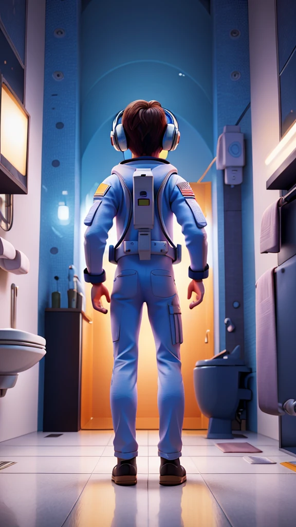 The back of a a astronaut as he pees standing into a toilet bowl.  Hyper detailed, full colours, vibrant, cartoon style