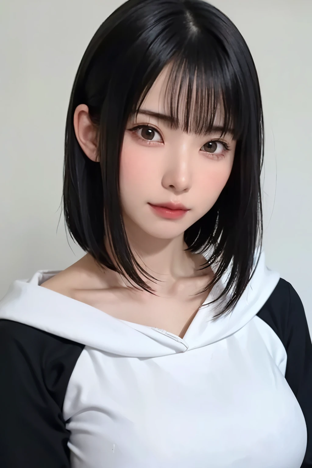 Everything is beautifully detailed:1.6,masterpiece、Highest quality、1 girl, alone, alone focus, Cowboy Shot, Portraiture, Larger clothes, Blue and white hoodie, half水彩画, half, ((Black Hair)), (Shiny Hair), (Gradient Hair :1.5), Curly Hair, ((Beautifully drawn delicate eyes)), Very detailedな目, Sunburn, (Dark caramel skin:1.1), Highest quality, Very detailed, White Background, Simple Background、{Huge|big|Hugeな|Mega} chest:2, chestの谷間:2、開けたchest、Perfect Anatomy、Cute Smile、((short hair:1.8、Short Bob Hair、bangs))、Listen carefully、Beautiful long neck、Perfect Anatomy