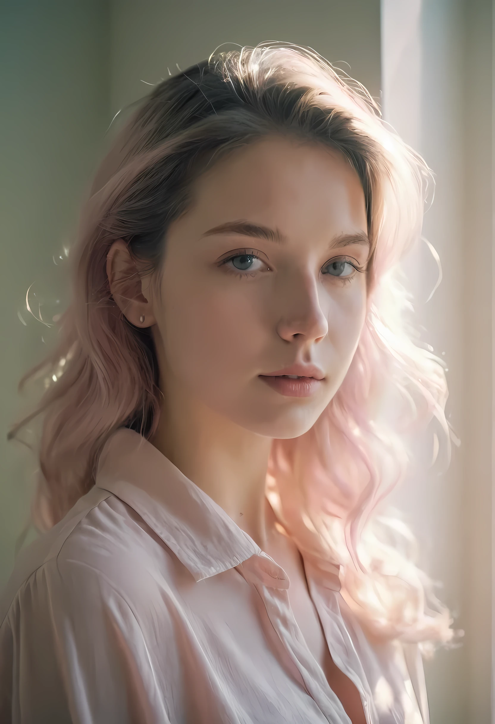 Portrait, shot on Leica, shadowplay, gorgeous lighting, subtle pastel hues,beautifyl female