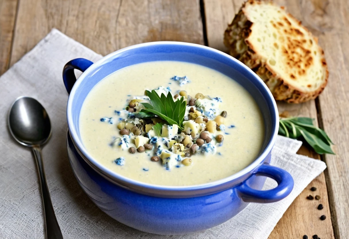 CAULIFLOWER SOUP WITH BLUE CHEESE This recipe arrived from Europe to bring a classic combination of flavors: Leek, cauliflower and blue cheese, or intense blue d&#39;auvergne. Pra sop ficar cremosa na medida certa, the trick is to cook the potatoes together with the other ingredients. Serve accompanied by almond flour, more pieces of cheese, olive oil and dill leaves. very chic!
INGREDIENTS 1 cauliflower 3 spoons (sop) de queijo francês bleu d'auvergne esfarelado
1 Leek
2 batatas
1 cebola
3 dentes de alho
750 ml de caldo de legumes caseiro (3 cups [tea])
500 ml of milk (2 cups [tea])
2 spoons (sop) butter 2 bay leaves salt freshly ground black pepper to taste freshly grated nutmeg to taste French bleu d&#39;auvergne cheese to taste to serve almond crumble to taste to serve dill leaves (dill) to taste to serve olive oil to taste to serve. Fumaça de calor saindo da sop.
