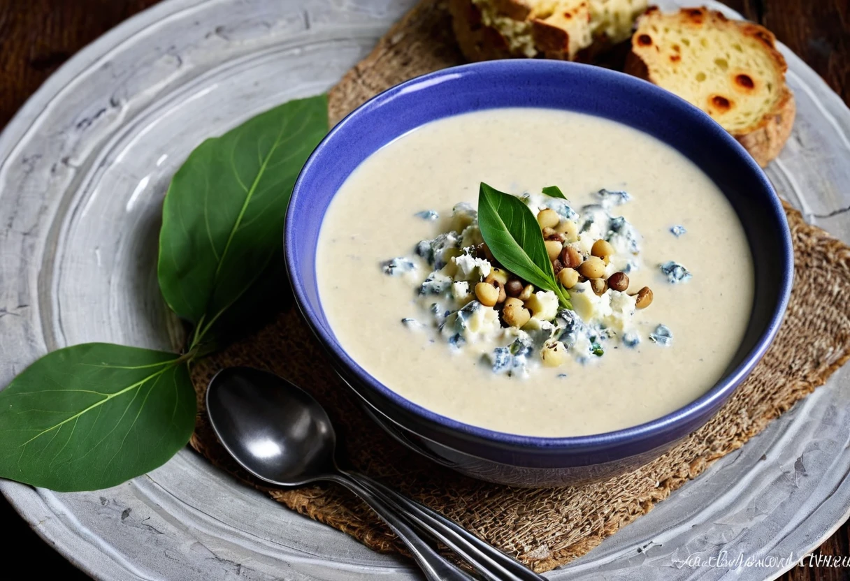 CAULIFLOWER SOUP WITH BLUE CHEESE This recipe arrived from Europe to bring a classic combination of flavors: Leek, cauliflower and blue cheese, or intense blue d&#39;auvergne. Pra sop ficar cremosa na medida certa, the trick is to cook the potatoes together with the other ingredients. Serve accompanied by almond flour, more pieces of cheese, olive oil and dill leaves. very chic!
INGREDIENTS 1 cauliflower 3 spoons (sop) de queijo francês bleu d'auvergne esfarelado
1 Leek
2 batatas
1 cebola
3 dentes de alho
750 ml de caldo de legumes caseiro (3 cups [tea])
500 ml of milk (2 cups [tea])
2 spoons (sop) butter 2 bay leaves salt freshly ground black pepper to taste freshly grated nutmeg to taste French bleu d&#39;auvergne cheese to taste to serve almond crumble to taste to serve dill leaves (dill) to taste to serve olive oil to taste to serve. Fumaça de calor saindo da sop.