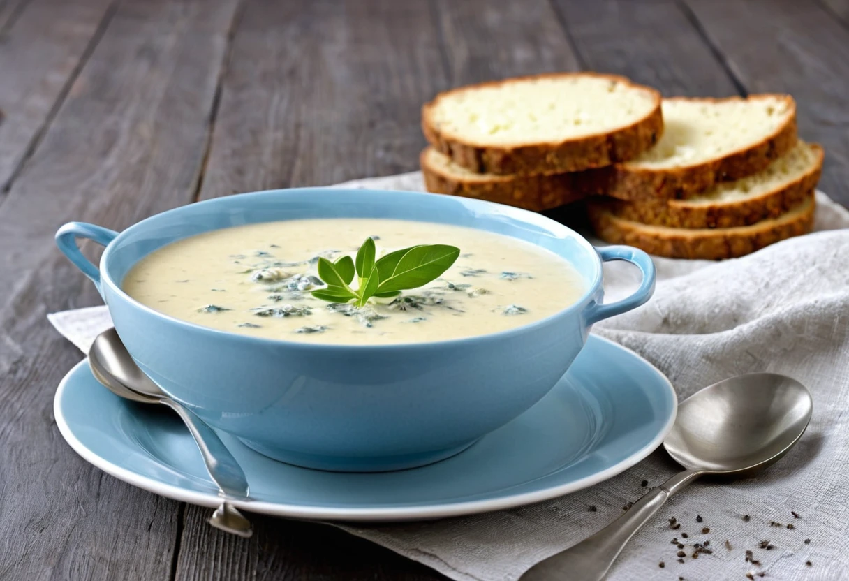 CAULIFLOWER SOUP WITH BLUE CHEESE This recipe arrived from Europe to bring a classic combination of flavors: Leek, cauliflower and blue cheese, or intense blue d&#39;auvergne. Pra sop ficar cremosa na medida certa, the trick is to cook the potatoes together with the other ingredients. Serve accompanied by almond flour, more pieces of cheese, olive oil and dill leaves. very chic!
INGREDIENTS 1 cauliflower 3 spoons (sop) de queijo francês bleu d'auvergne esfarelado
1 Leek
2 batatas
1 cebola
3 dentes de alho
750 ml de caldo de legumes caseiro (3 cups [tea])
500 ml of milk (2 cups [tea])
2 spoons (sop) butter 2 bay leaves salt freshly ground black pepper to taste freshly grated nutmeg to taste French bleu d&#39;auvergne cheese to taste to serve almond crumble to taste to serve dill leaves (dill) to taste to serve olive oil to taste to serve. Fumaça de calor saindo da sop.