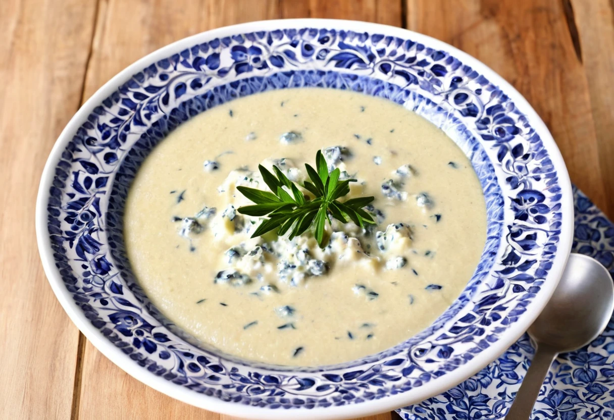 CAULIFLOWER SOUP WITH BLUE CHEESE This recipe arrived from Europe to bring a classic combination of flavors: Leek, cauliflower and blue cheese, or intense blue d&#39;auvergne. Pra sop ficar cremosa na medida certa, the trick is to cook the potatoes together with the other ingredients. Serve accompanied by almond flour, more pieces of cheese, olive oil and dill leaves. very chic!
INGREDIENTS 1 cauliflower 3 spoons (sop) de queijo francês bleu d'auvergne esfarelado
1 Leek
2 batatas
1 cebola
3 dentes de alho
750 ml de caldo de legumes caseiro (3 cups [tea])
500 ml of milk (2 cups [tea])
2 spoons (sop) butter 2 bay leaves salt freshly ground black pepper to taste freshly grated nutmeg to taste French bleu d&#39;auvergne cheese to taste to serve almond crumble to taste to serve dill leaves (dill) to taste to serve olive oil to taste to serve. Fumaça de calor saindo da sop.