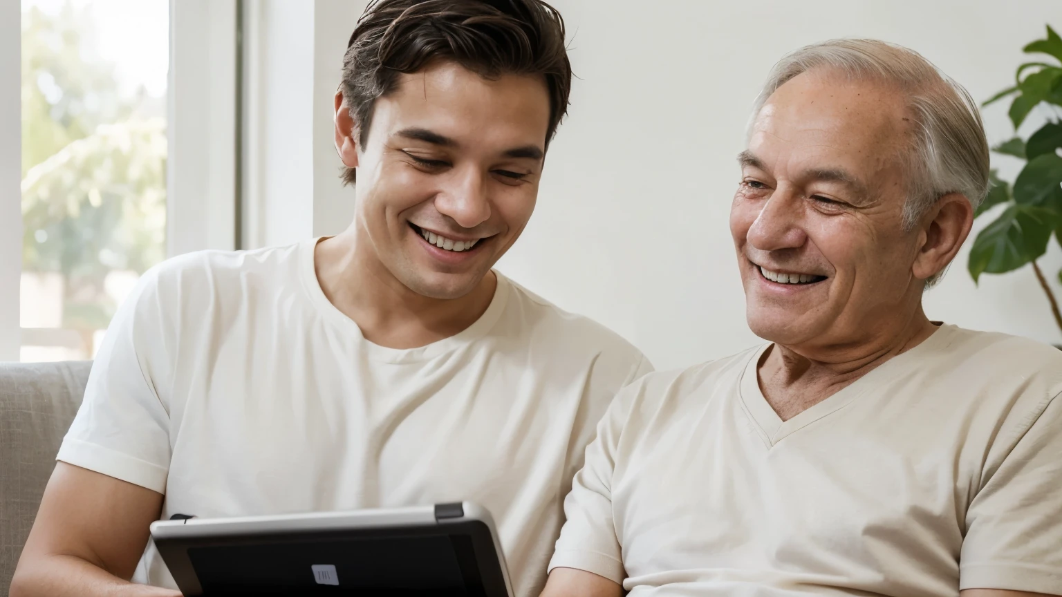 "Create an image of an elderly father and his youngest son, both smiling and looking forward. They are holding a laptop together and showing the cell phone screen to the camera, so that the cell phone screen is clearly visible and ready for inserting a mockup. The environment is bright and cheerful, reflecting a happy moment between father and son."
