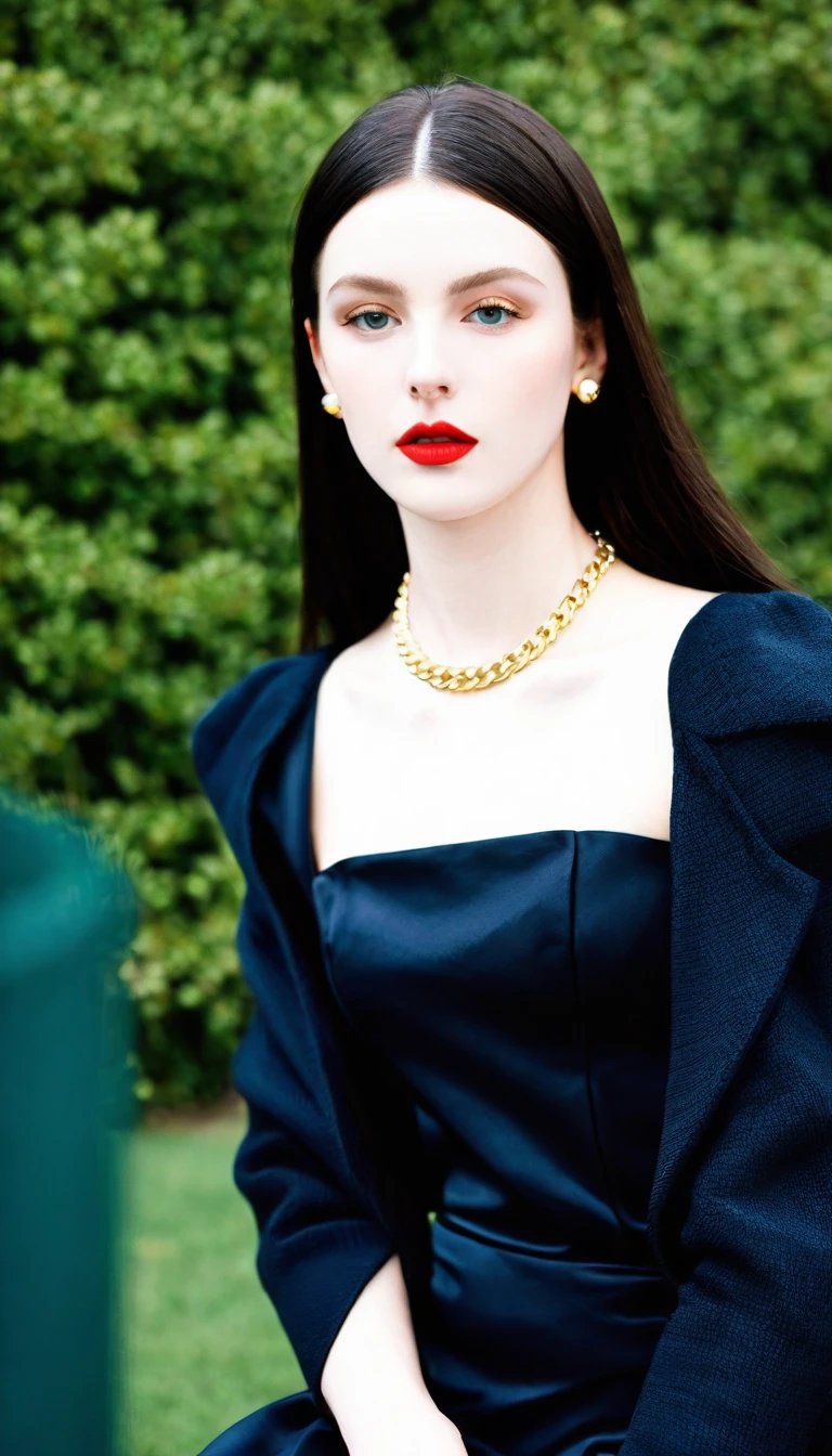 1girl,black_hair,Balenciaga model,looking at viewer,pale skin,blurry_background,realistic,solo,upper_body,