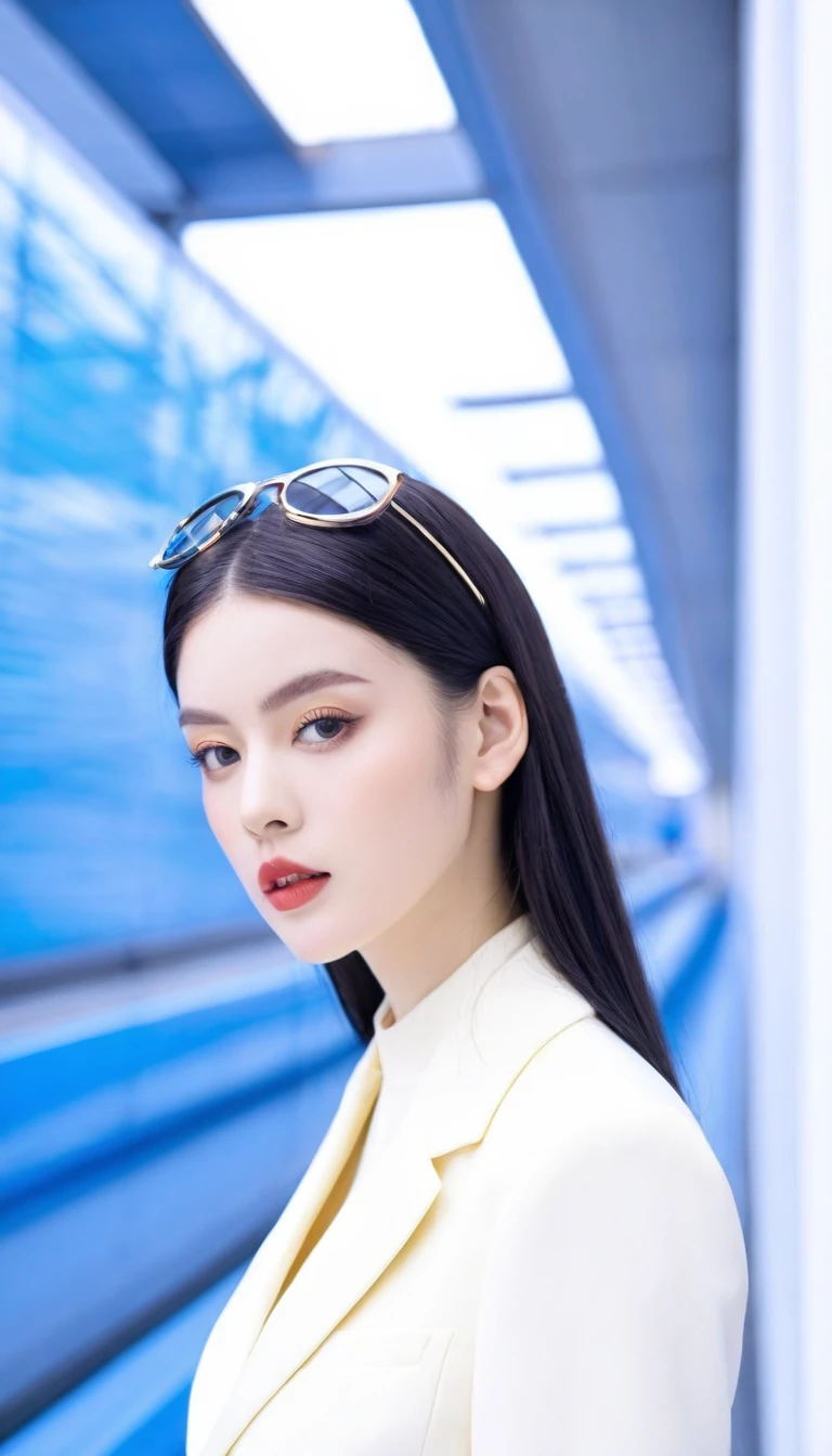 1girl,black_hair,Balenciaga model,looking at viewer,pale skin,blurry_background,realistic,solo,upper_body,